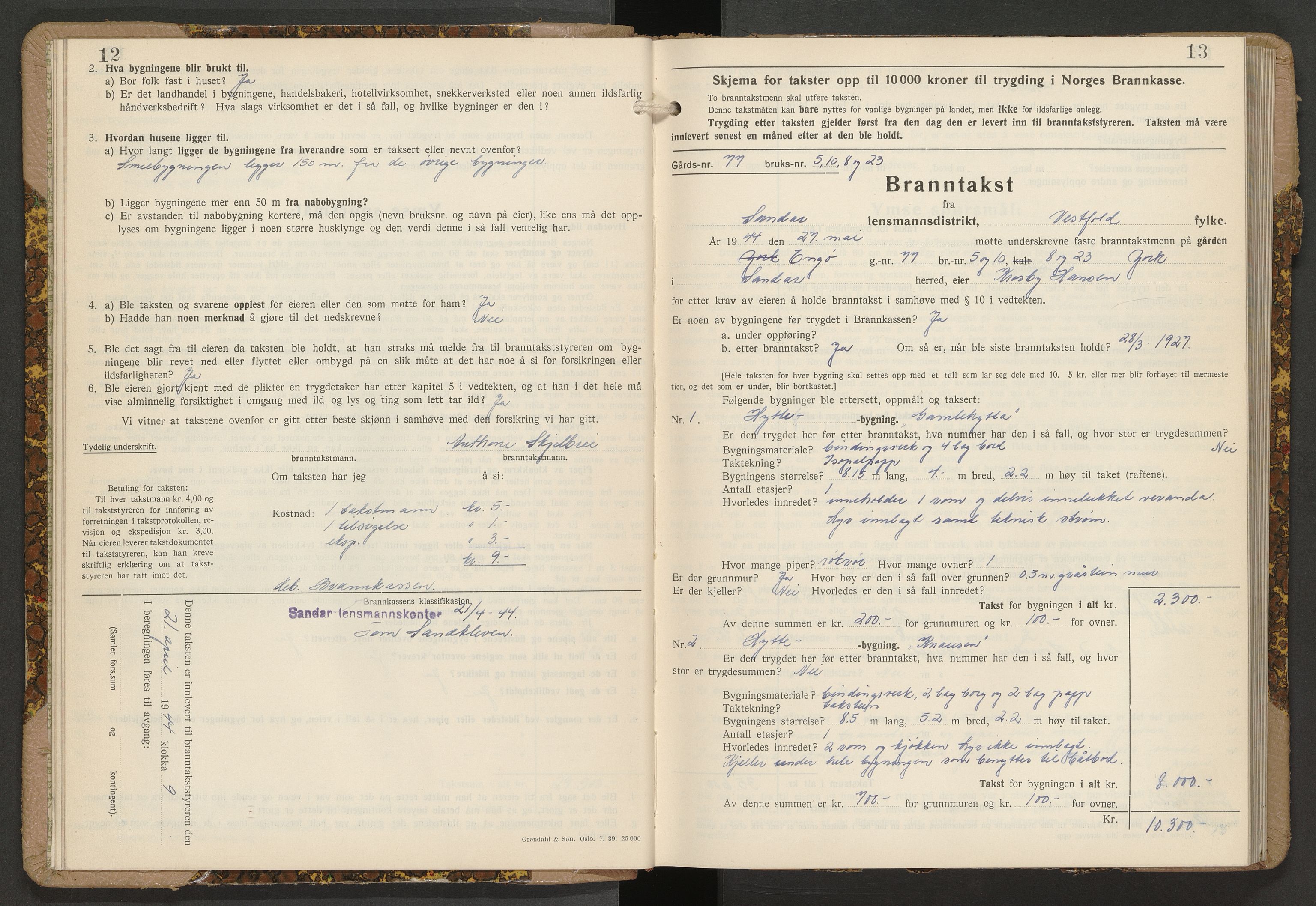 Sandar lensmannskontor, AV/SAKO-A-545/Y/Yc/Ycb/L0008: Skjematakstprotokoll, 1944-1952