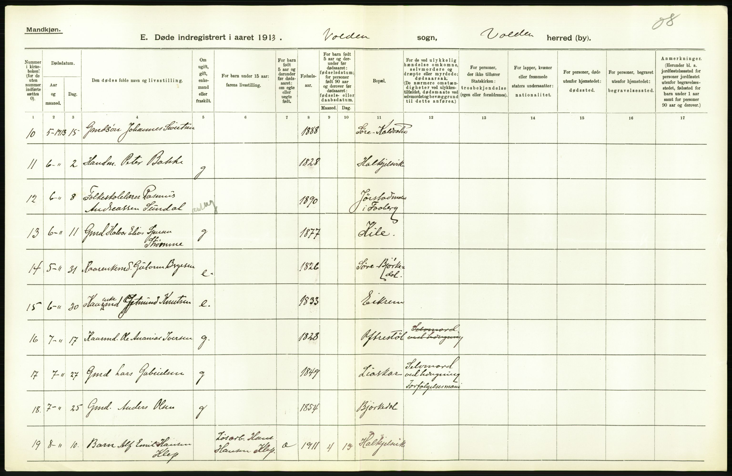 Statistisk sentralbyrå, Sosiodemografiske emner, Befolkning, AV/RA-S-2228/D/Df/Dfb/Dfbc/L0037: Romsdals amt: Døde. Bygder og byer., 1913, p. 10