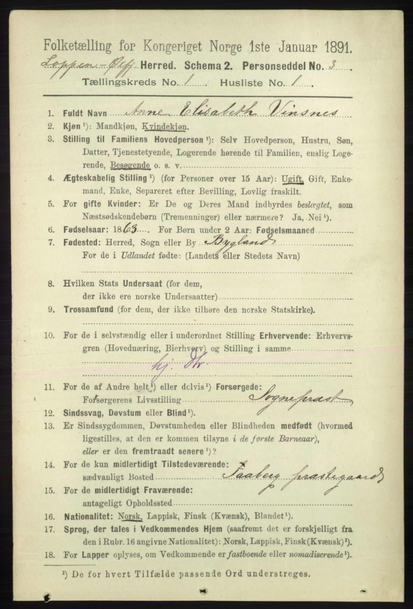 RA, 1891 census for 2014 Loppa, 1891, p. 71