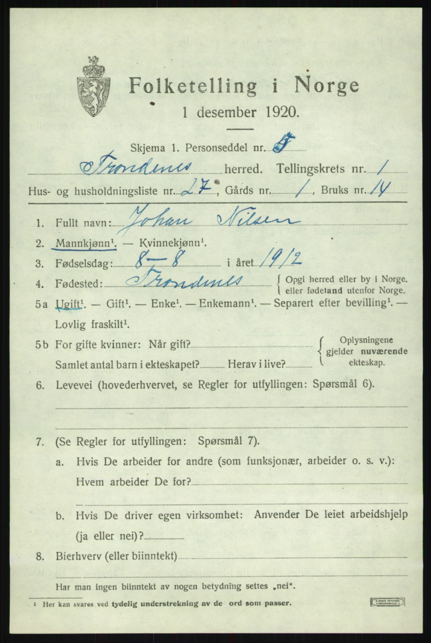 SATØ, 1920 census for Trondenes, 1920, p. 3491