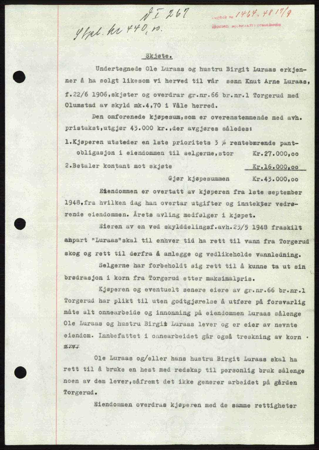 Horten sorenskriveri, AV/SAKO-A-133/G/Ga/Gaa/L0011: Mortgage book no. A-11, 1948-1948, Diary no: : 1464/1948