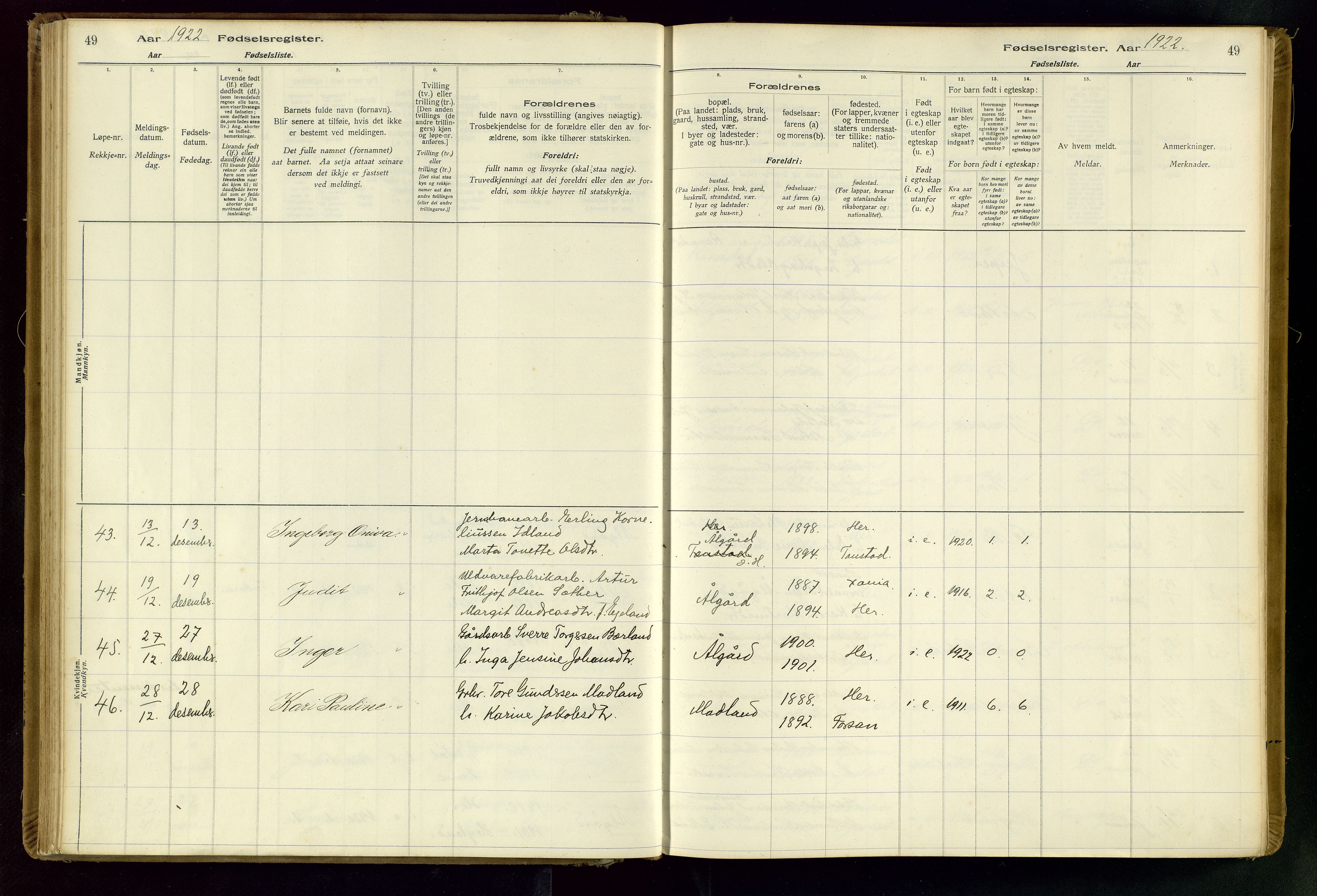Gjesdal sokneprestkontor, SAST/A-101796/002/O/L0001: Birth register no. 1, 1916-1949, p. 49