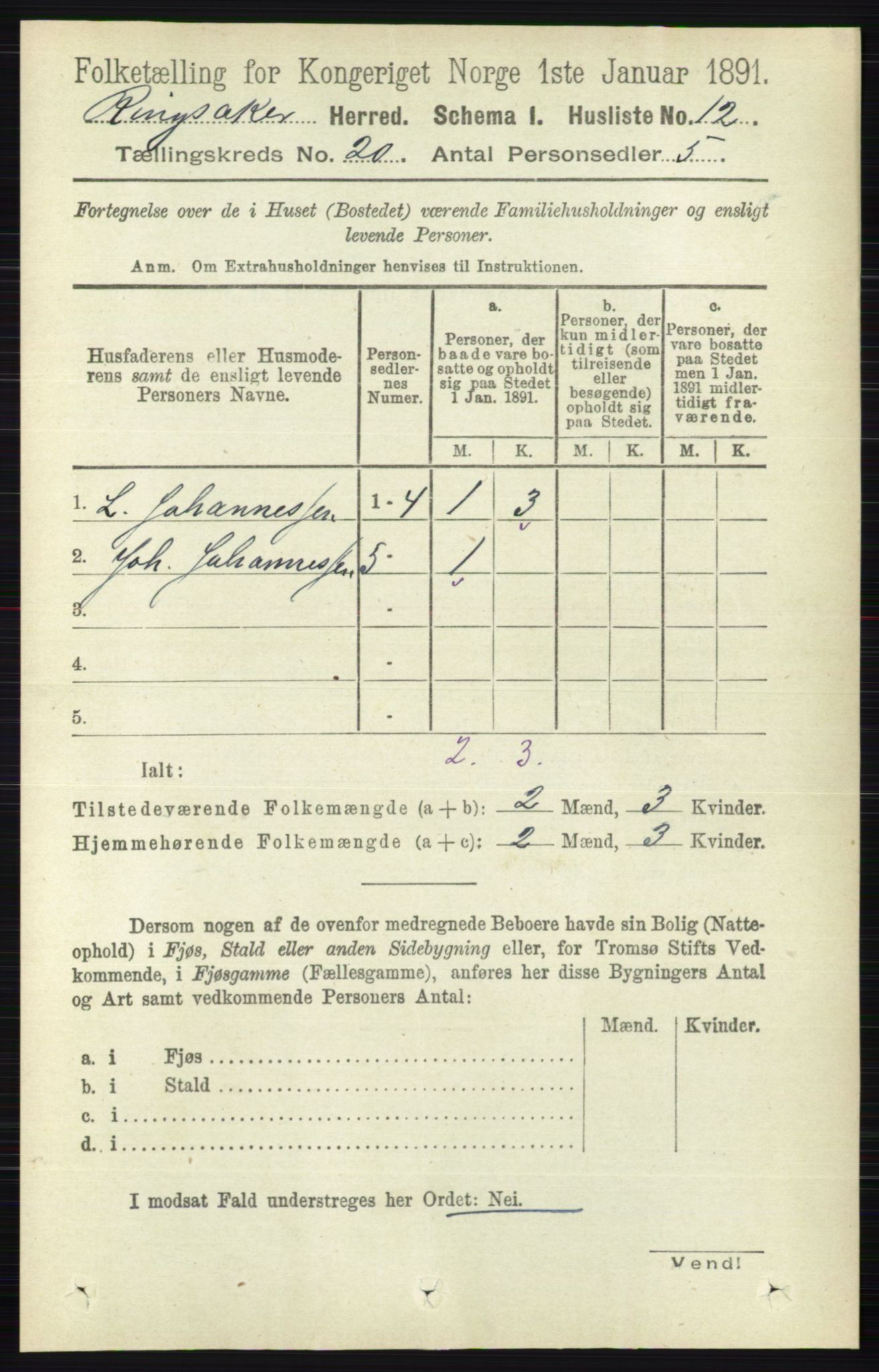 RA, 1891 census for 0412 Ringsaker, 1891, p. 11026