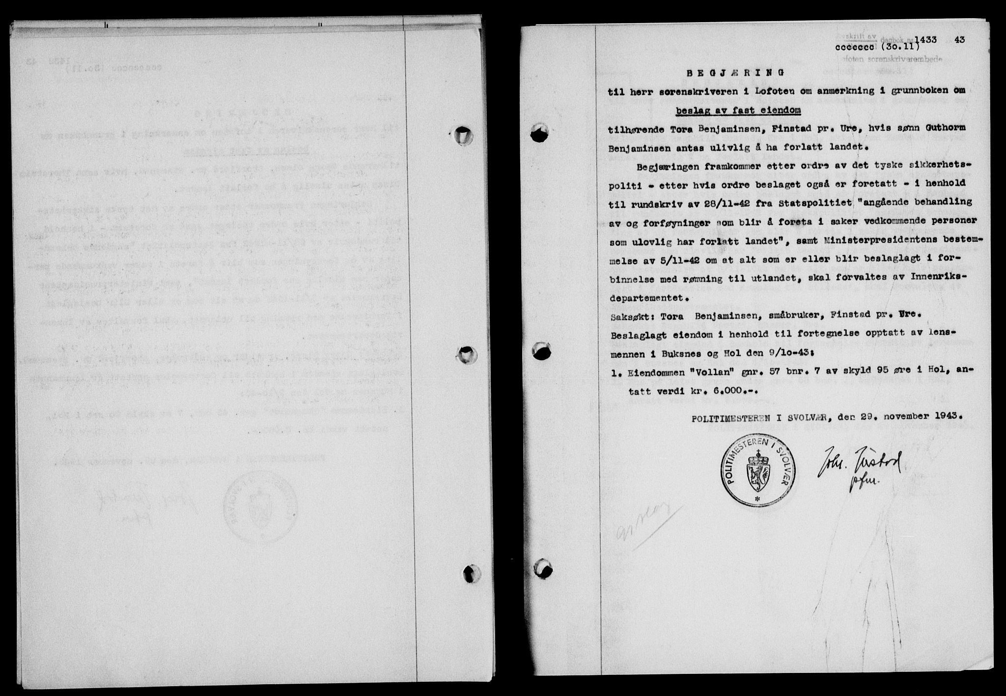 Lofoten sorenskriveri, SAT/A-0017/1/2/2C/L0011a: Mortgage book no. 11a, 1943-1943, Diary no: : 1433/1943
