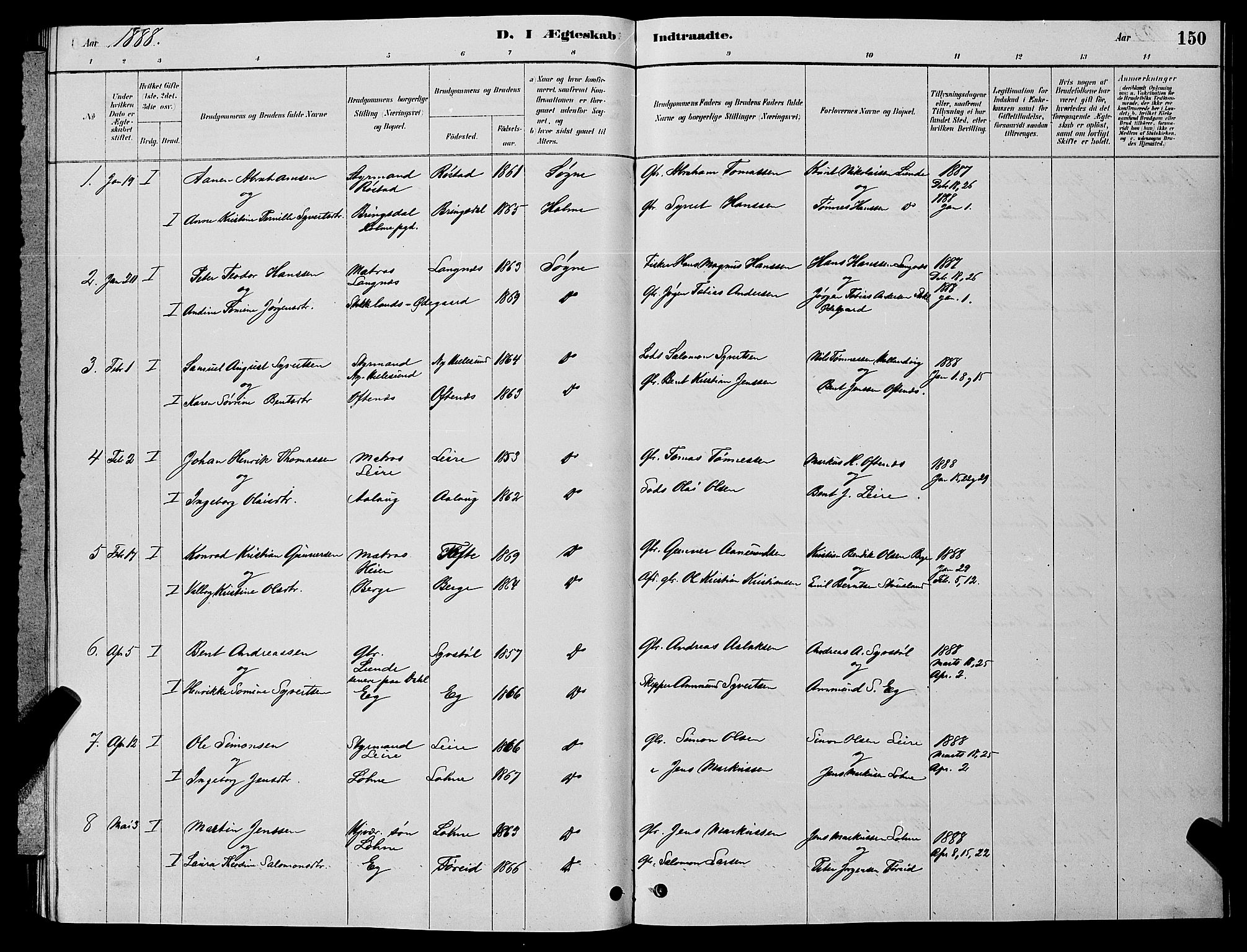 Søgne sokneprestkontor, SAK/1111-0037/F/Fb/Fbb/L0005: Parish register (copy) no. B 5, 1884-1891, p. 150