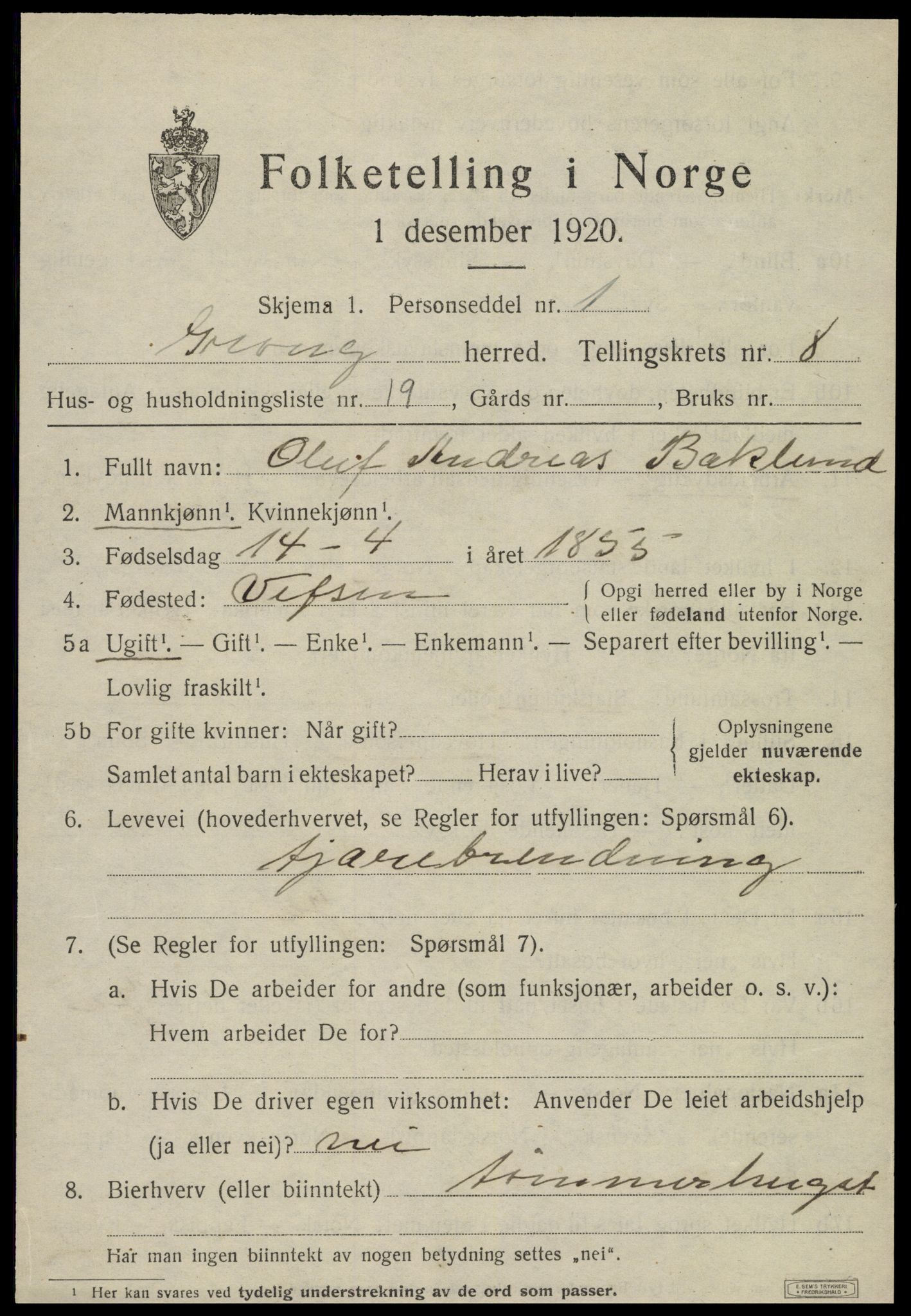 SAT, 1920 census for Grong, 1920, p. 5103