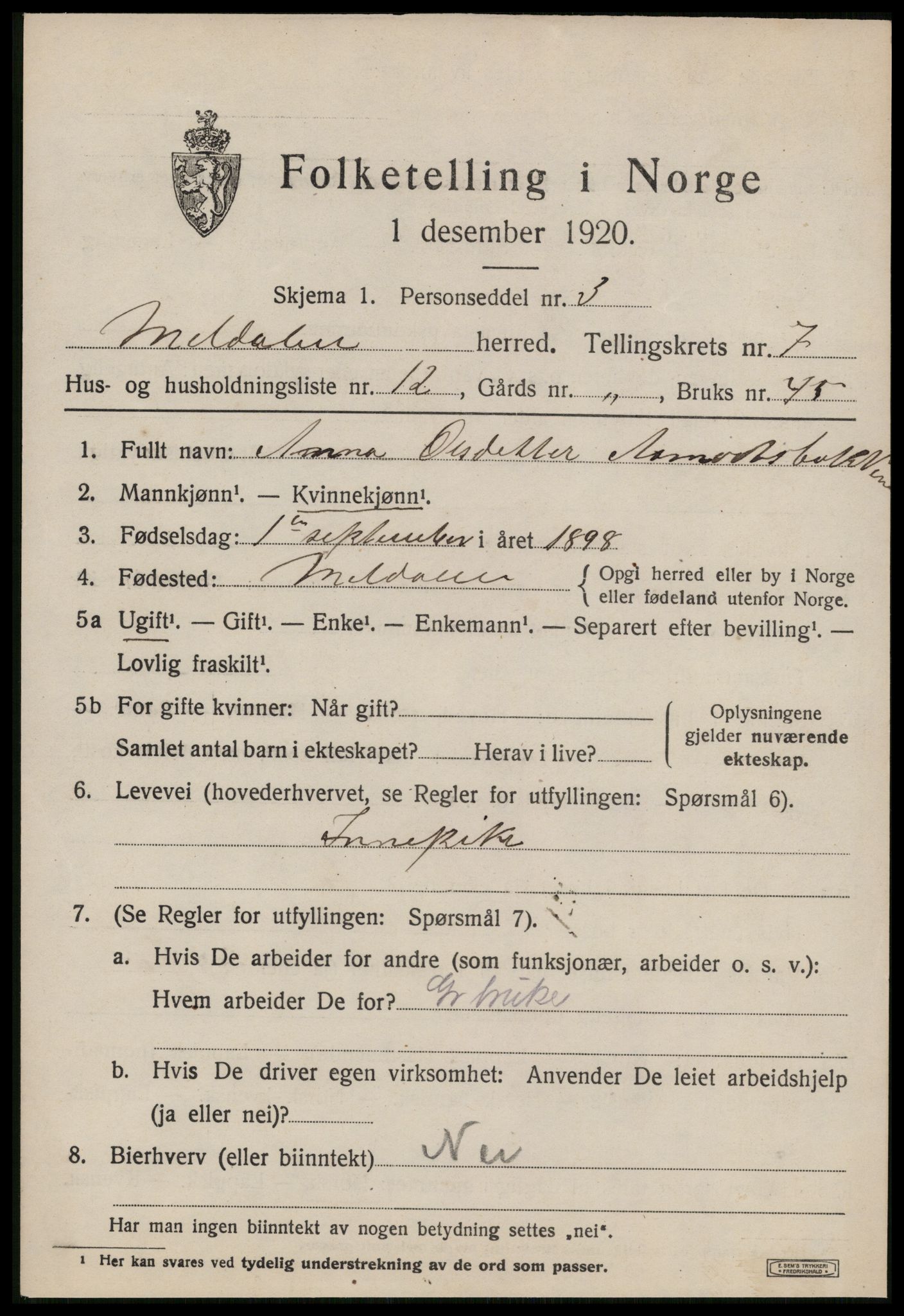 SAT, 1920 census for Meldal, 1920, p. 7399