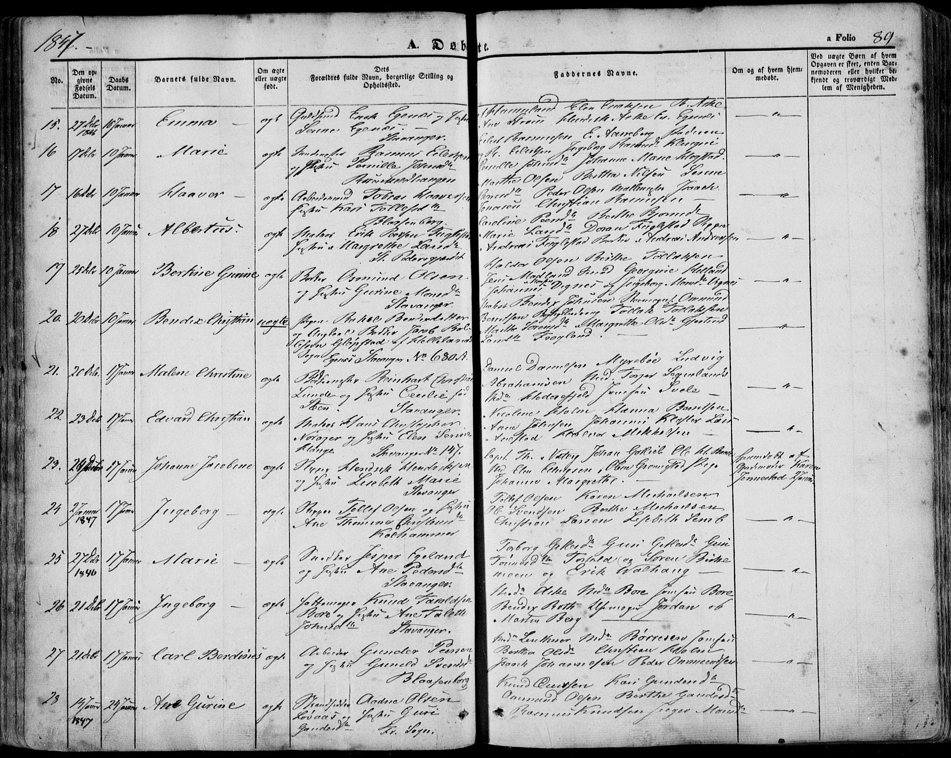 Domkirken sokneprestkontor, AV/SAST-A-101812/001/30/30BA/L0016: Parish register (official) no. A 15, 1844-1854, p. 89