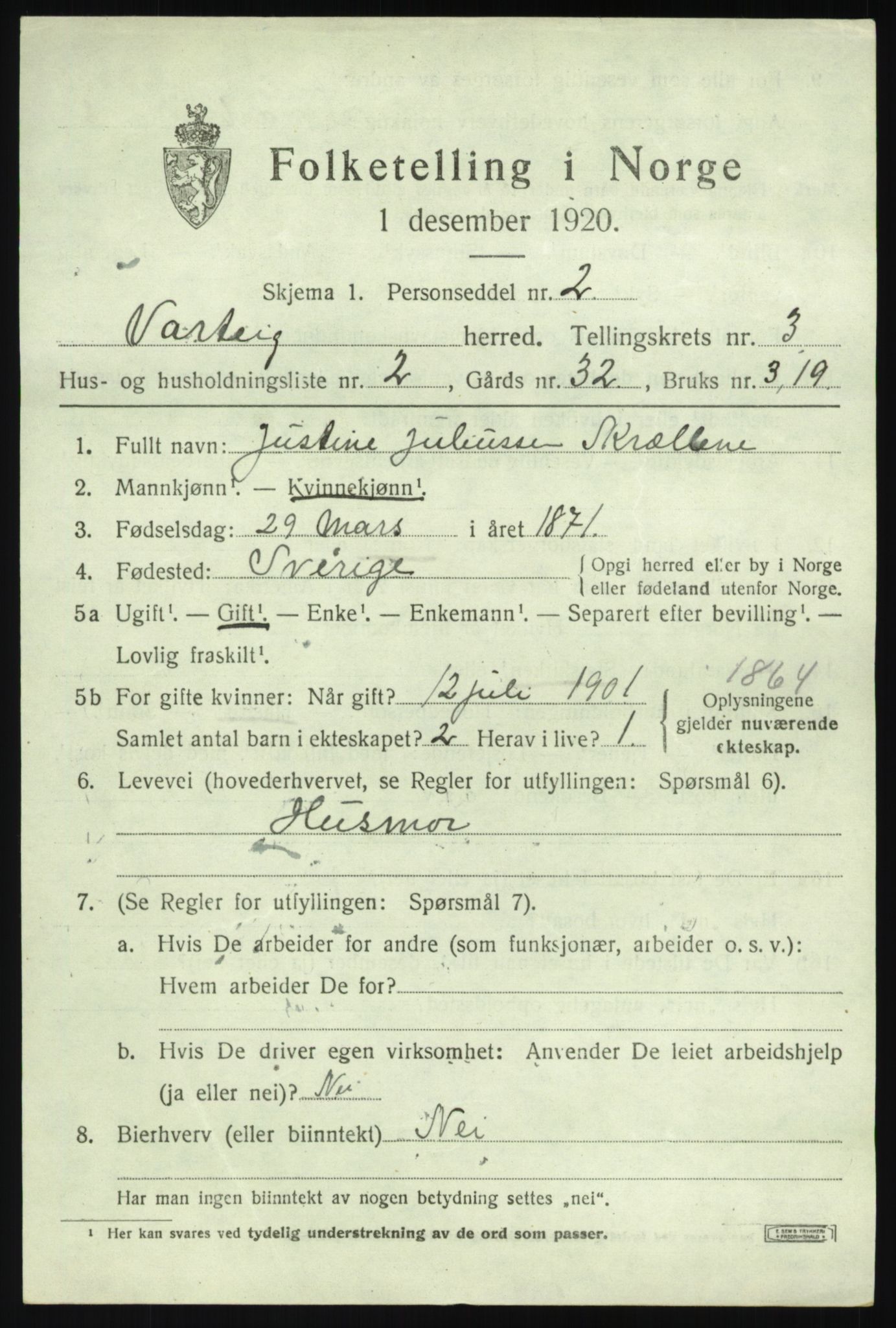 SAO, 1920 census for Varteig, 1920, p. 1951