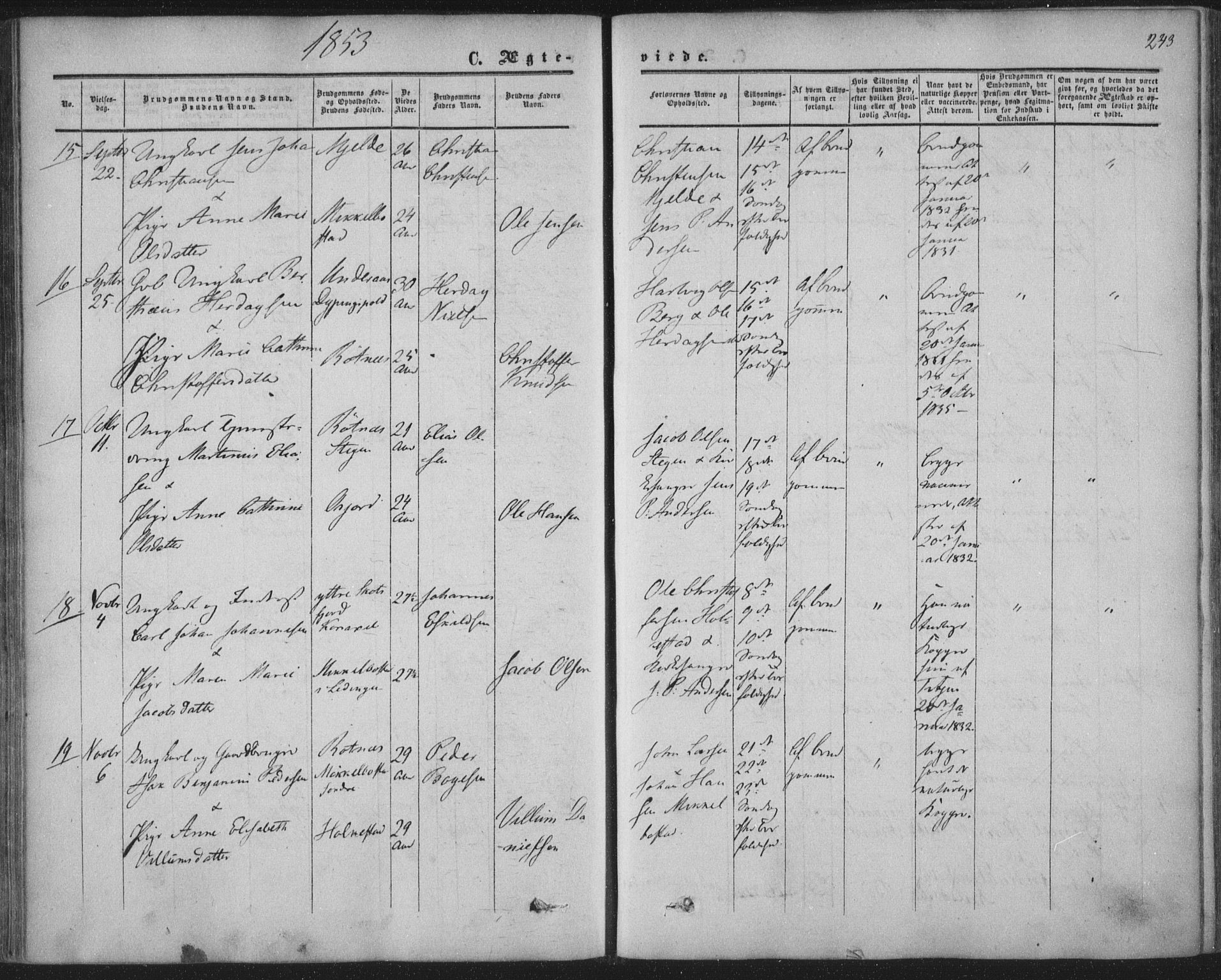 Ministerialprotokoller, klokkerbøker og fødselsregistre - Nordland, AV/SAT-A-1459/855/L0800: Parish register (official) no. 855A08, 1852-1864, p. 243