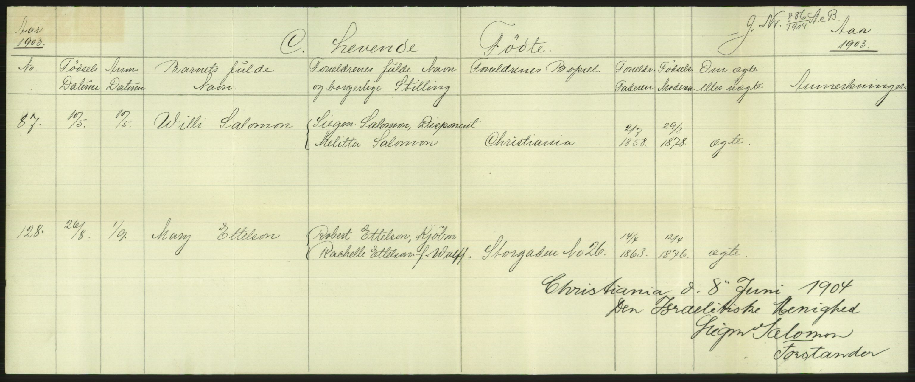 Statistisk sentralbyrå, Sosiodemografiske emner, Befolkning, AV/RA-S-2228/E/L0001: Fødte, gifte, døde dissentere., 1903, p. 3344