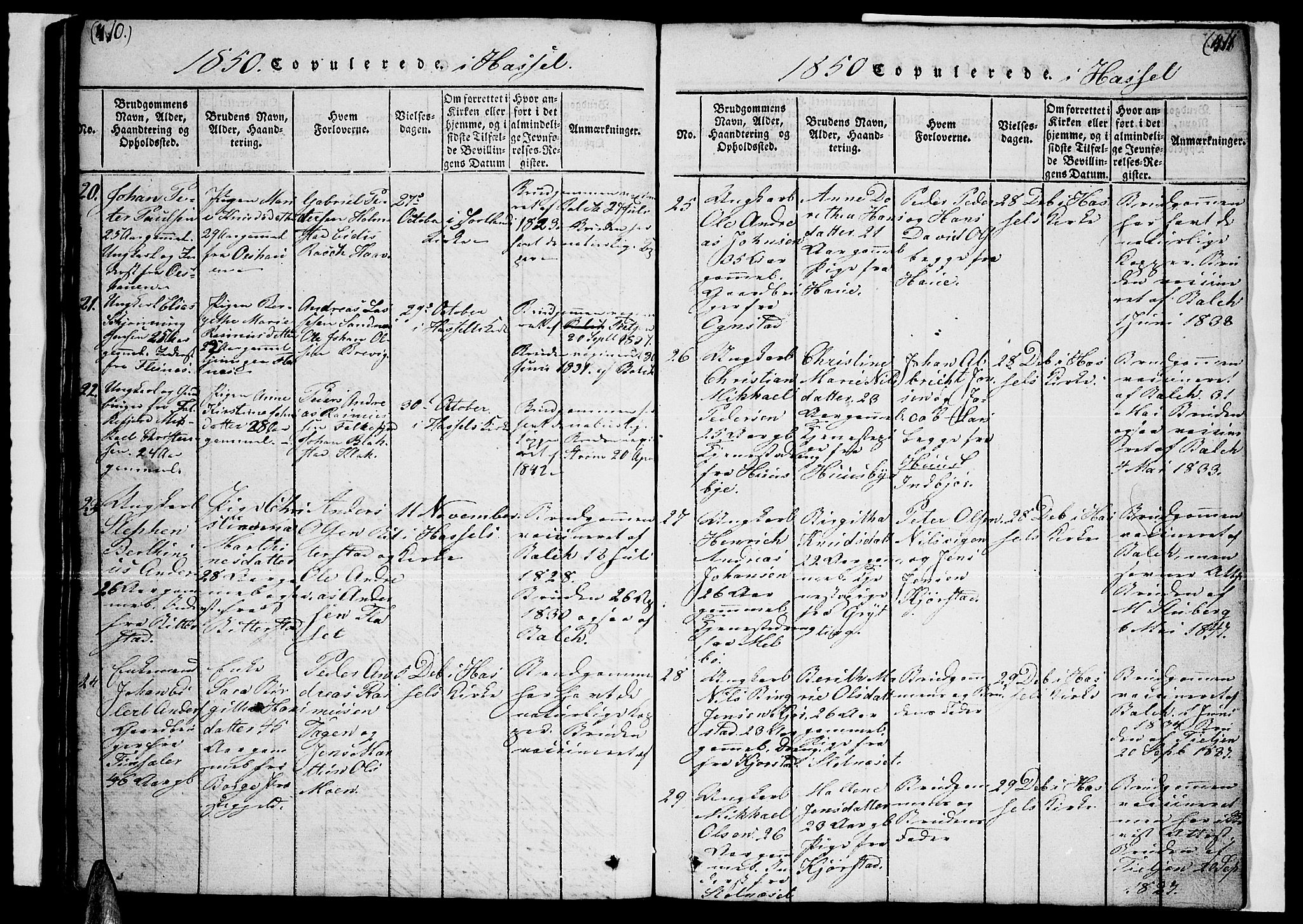 Ministerialprotokoller, klokkerbøker og fødselsregistre - Nordland, AV/SAT-A-1459/888/L1263: Parish register (copy) no. 888C02 /1, 1820-1850, p. 410-411