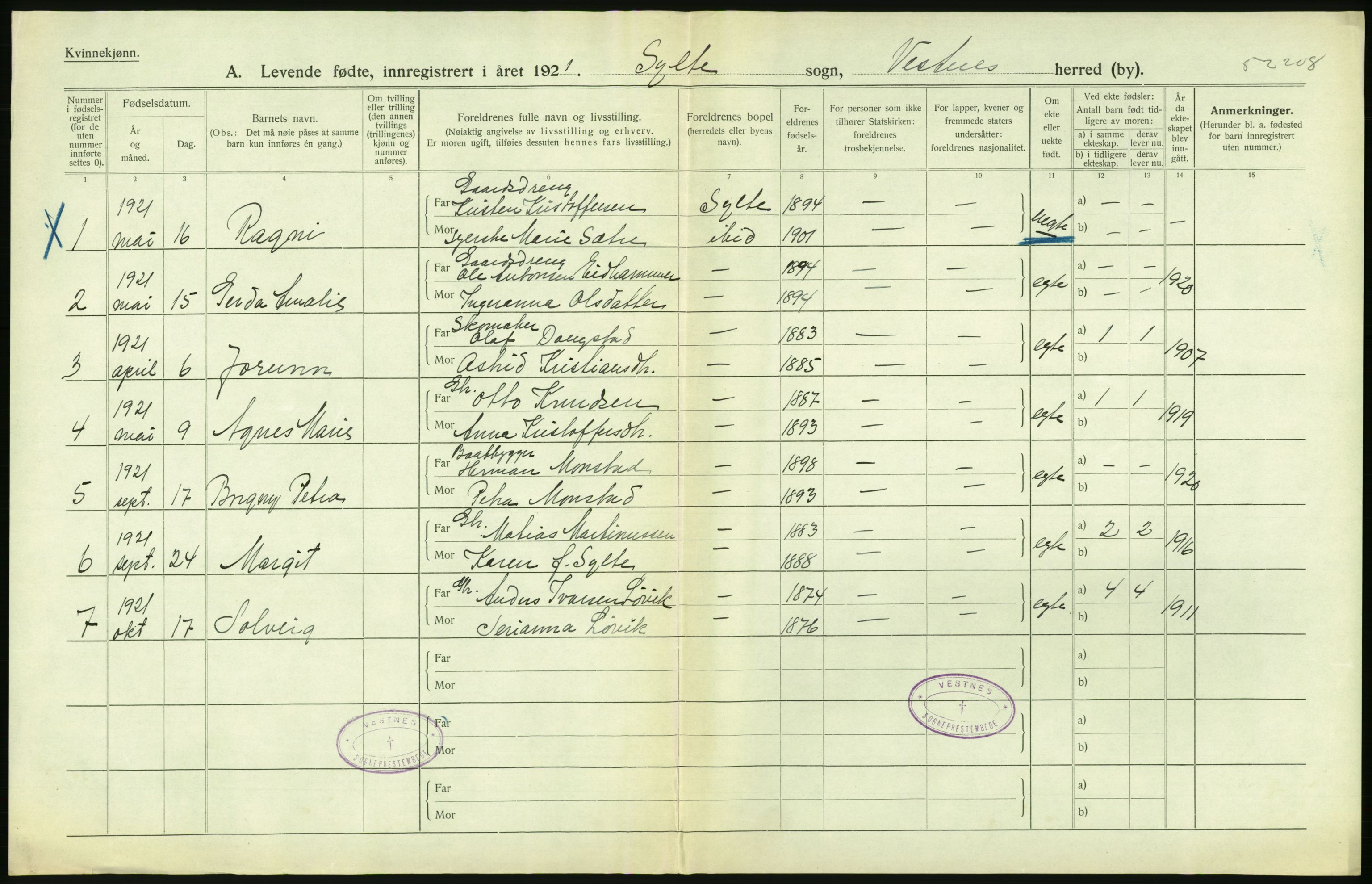 Statistisk sentralbyrå, Sosiodemografiske emner, Befolkning, AV/RA-S-2228/D/Df/Dfc/Dfca/L0040: Møre fylke: Levendefødte menn og kvinner. Bygder., 1921, p. 430