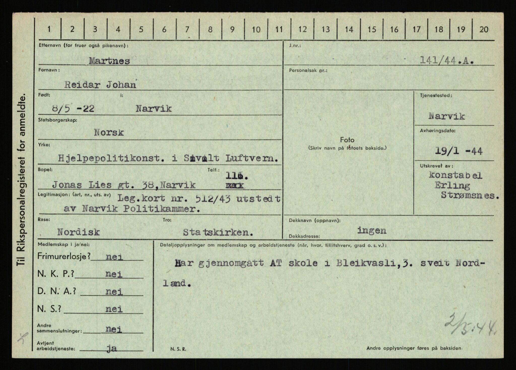 Statspolitiet - Hovedkontoret / Osloavdelingen, AV/RA-S-1329/C/Ca/L0010: Lind - Moksnes, 1943-1945, p. 3142