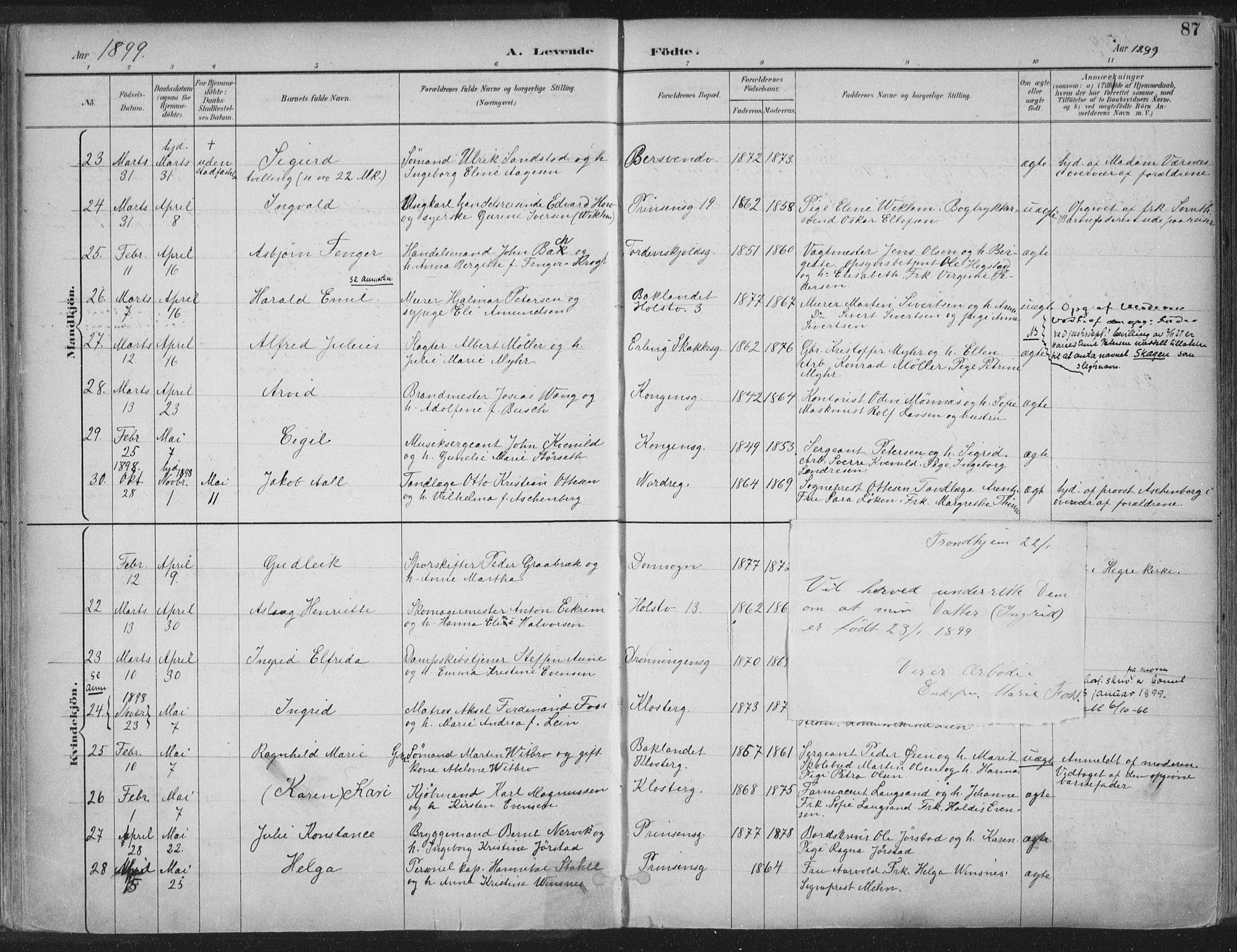 Ministerialprotokoller, klokkerbøker og fødselsregistre - Sør-Trøndelag, AV/SAT-A-1456/601/L0062: Parish register (official) no. 601A30, 1891-1911, p. 87