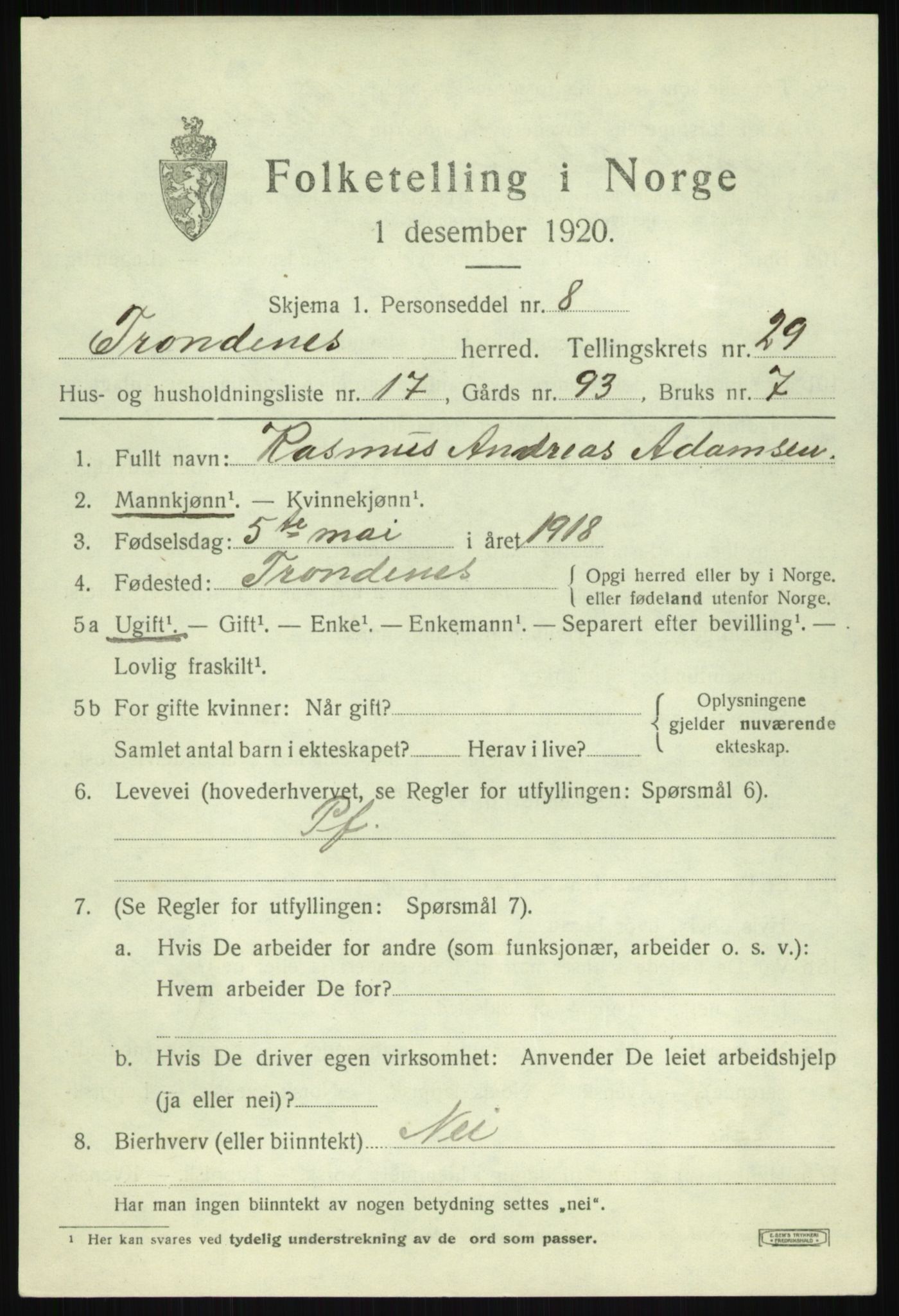 SATØ, 1920 census for Trondenes, 1920, p. 21045