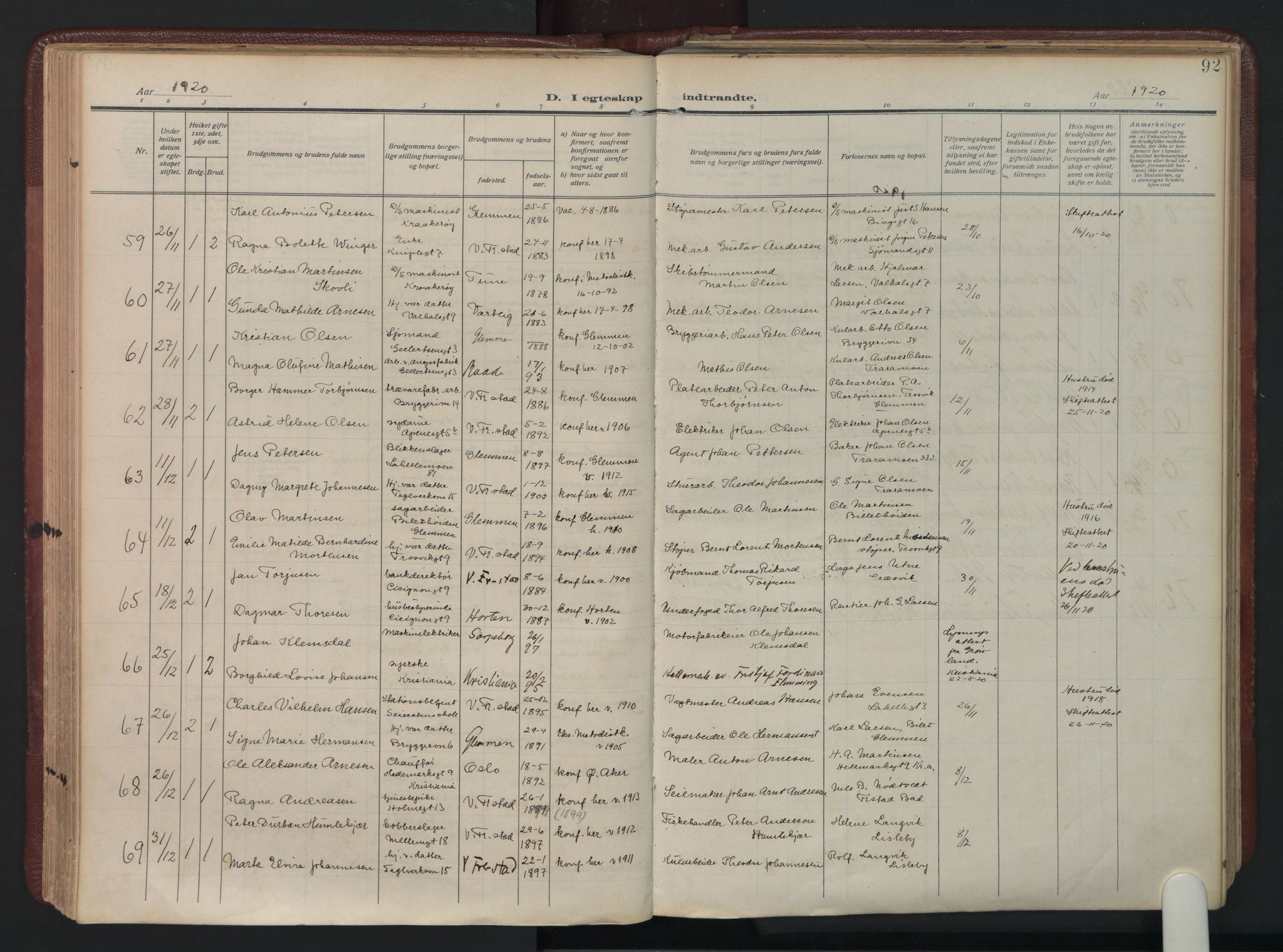 Fredrikstad domkirkes prestekontor Kirkebøker, AV/SAO-A-10906/F/Fa/L0009: Parish register (official) no. I 9, 1908-1946, p. 92