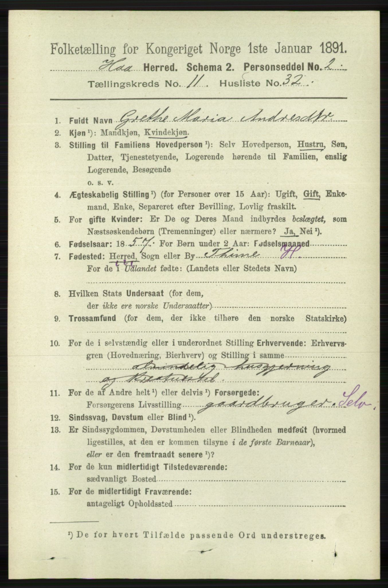 RA, 1891 census for 1119 Hå, 1891, p. 2825