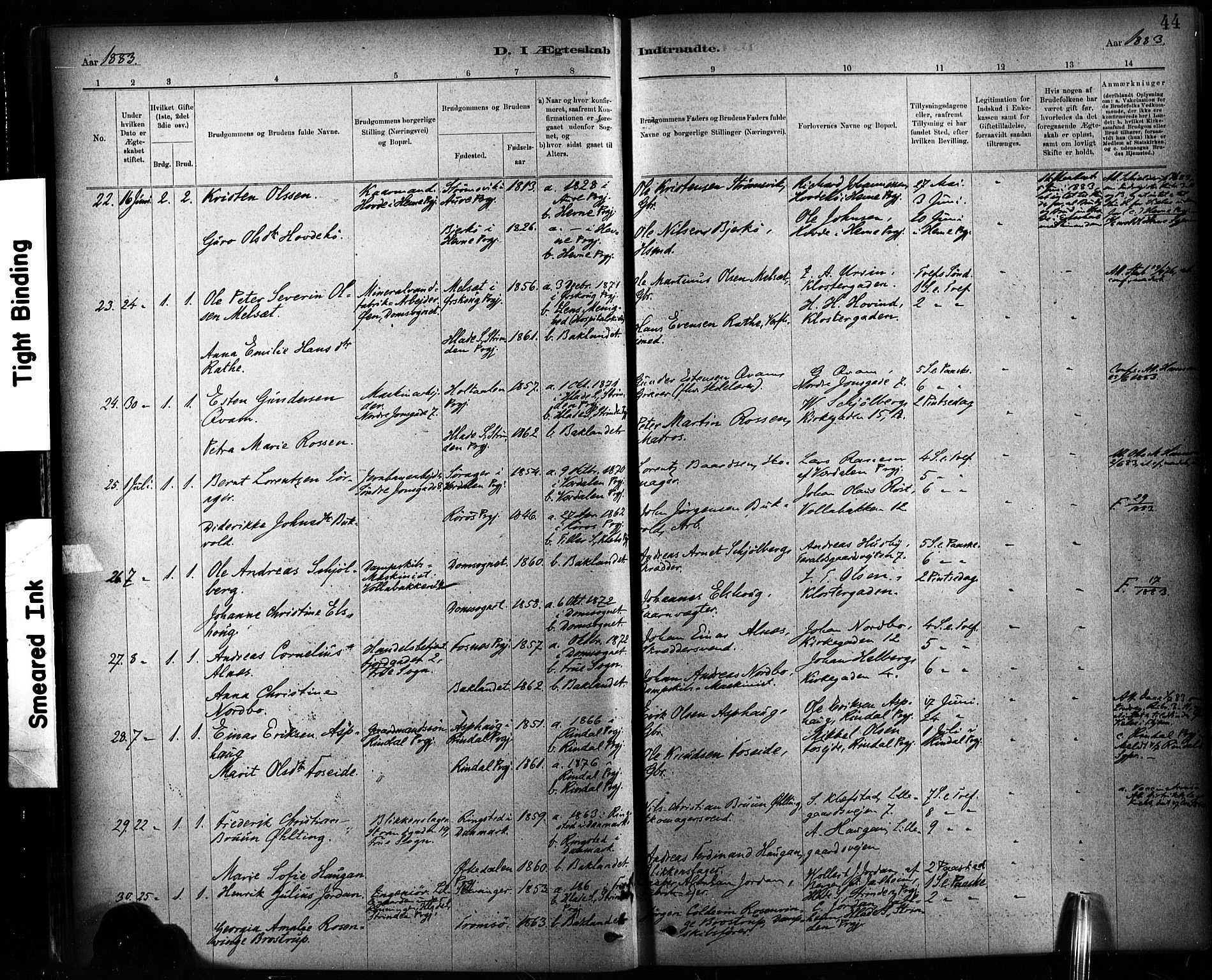 Ministerialprotokoller, klokkerbøker og fødselsregistre - Sør-Trøndelag, AV/SAT-A-1456/604/L0189: Parish register (official) no. 604A10, 1878-1892, p. 44