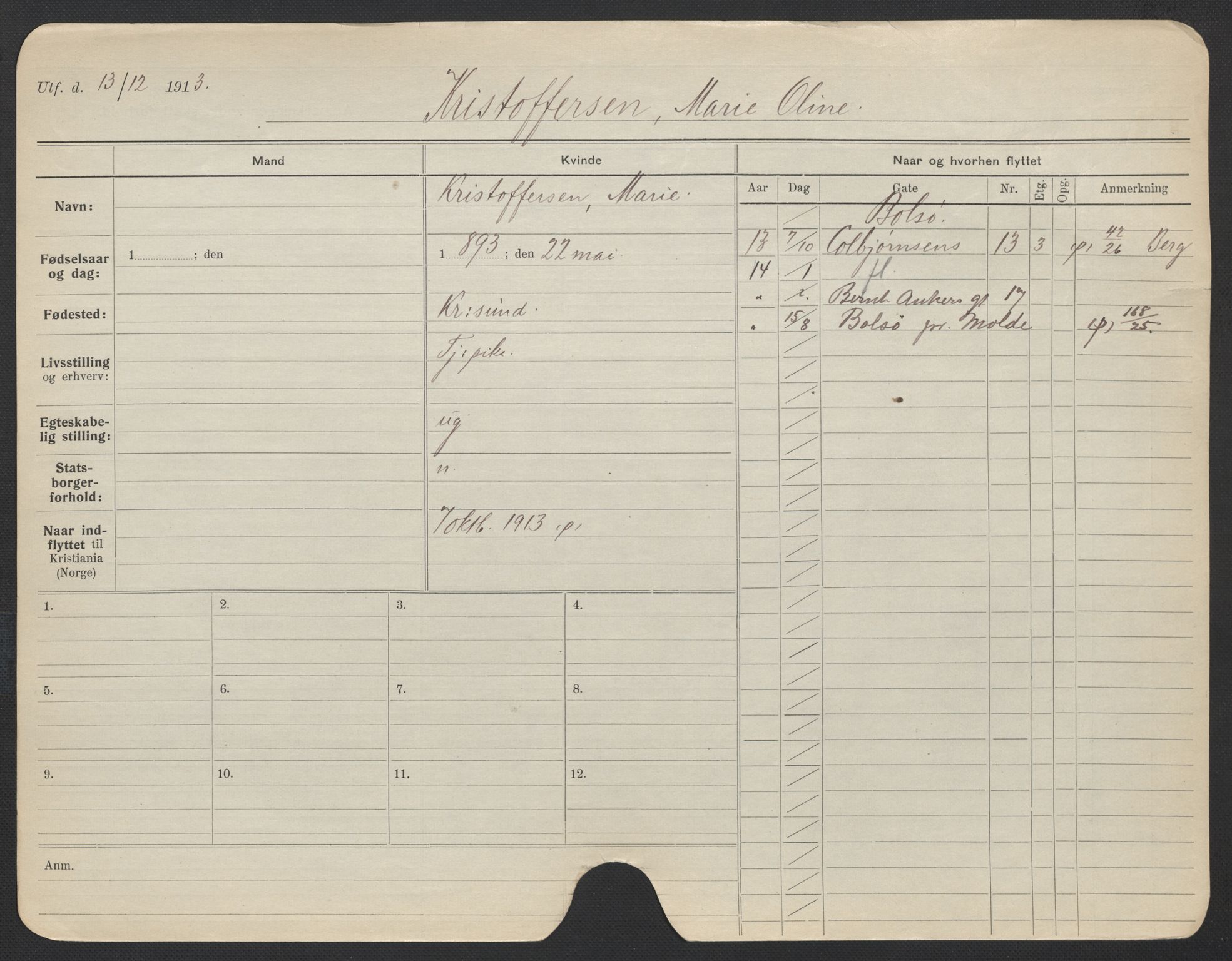 Oslo folkeregister, Registerkort, AV/SAO-A-11715/F/Fa/Fac/L0019: Kvinner, 1906-1914, p. 555a