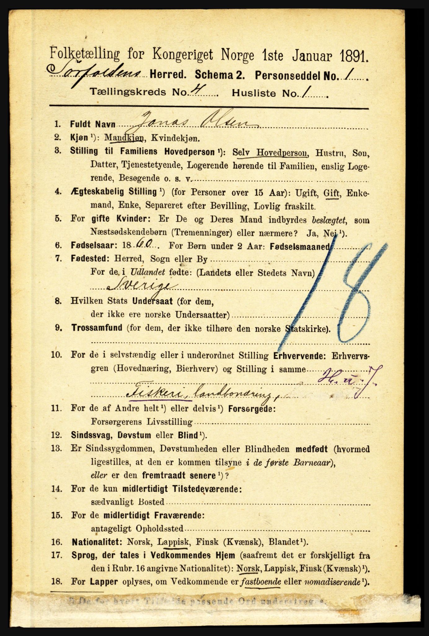 RA, 1891 census for 1845 Sørfold, 1891, p. 955