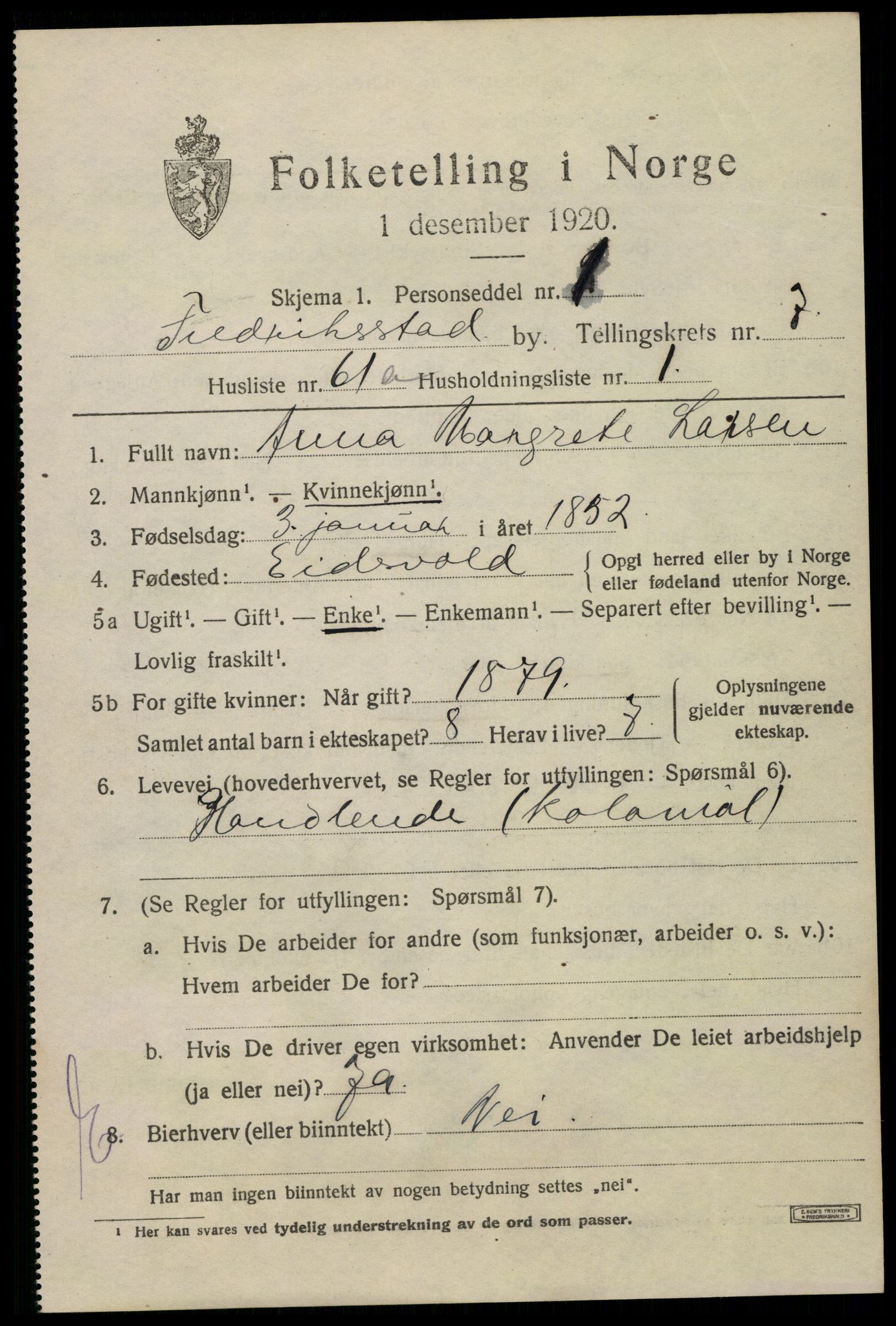 SAO, 1920 census for Fredrikstad, 1920, p. 22885