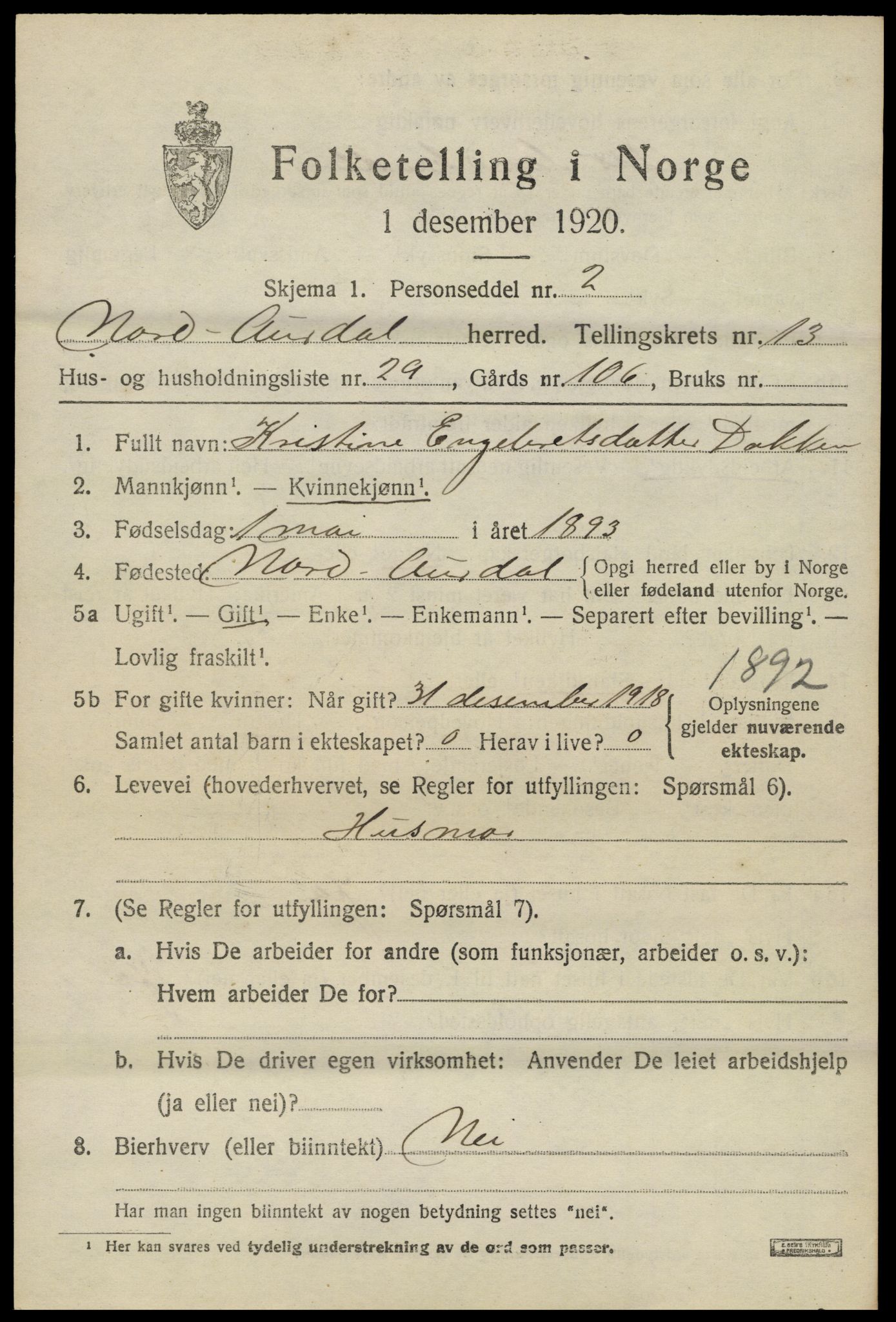 SAH, 1920 census for Nord-Aurdal, 1920, p. 10786