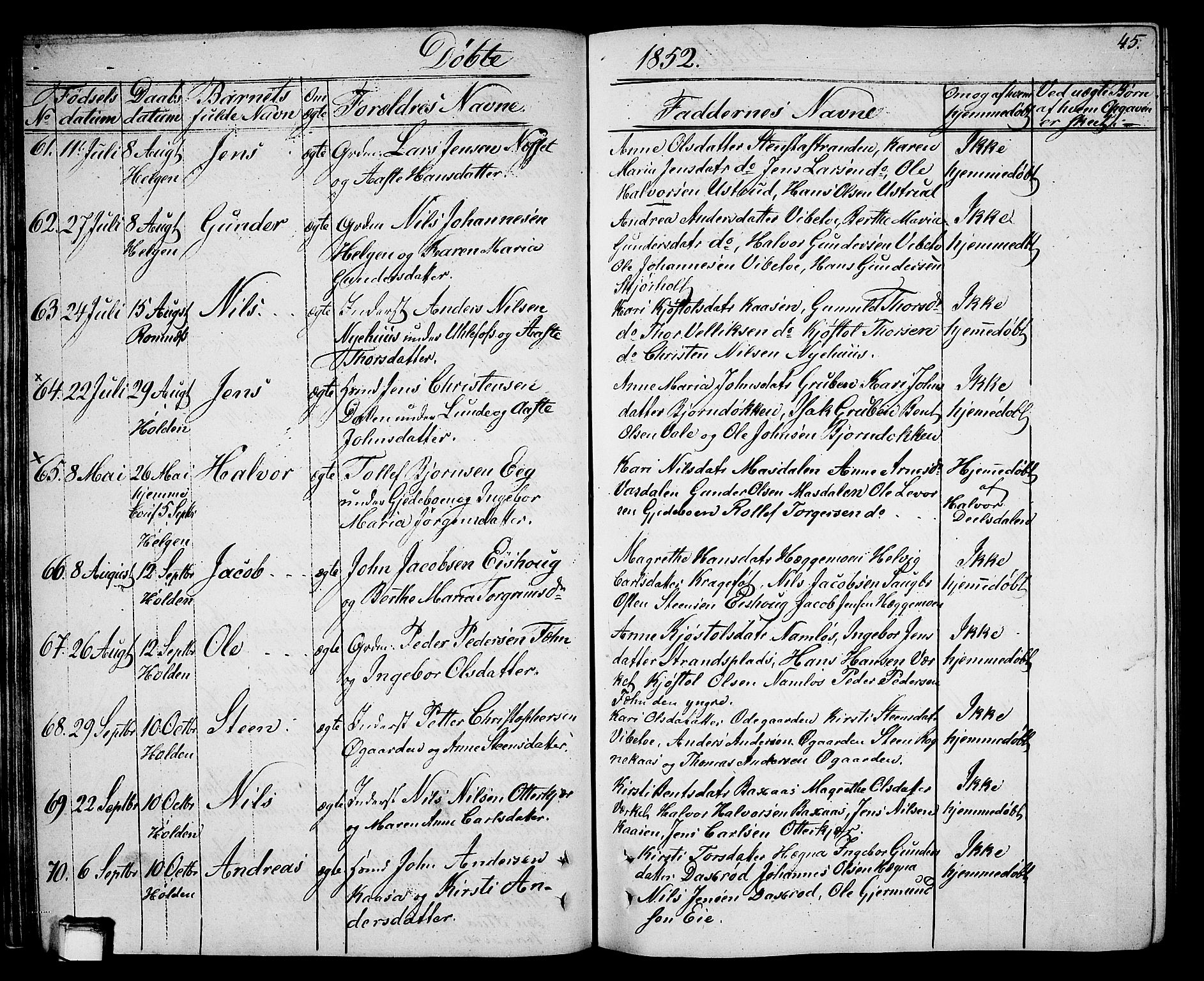 Holla kirkebøker, AV/SAKO-A-272/G/Ga/L0003: Parish register (copy) no. I 3, 1849-1866, p. 45