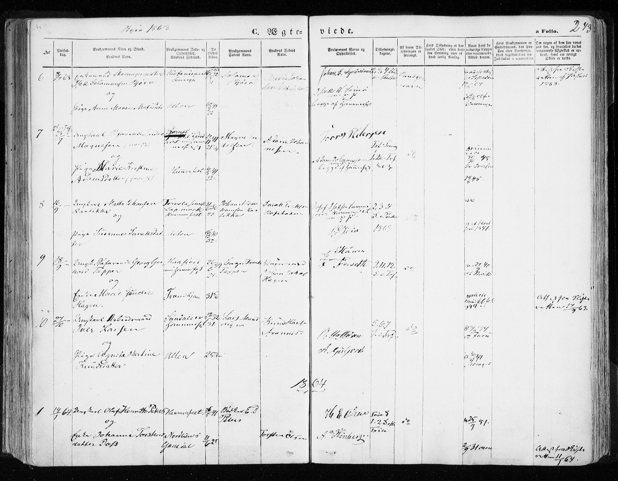 Hammerfest sokneprestkontor, AV/SATØ-S-1347/H/Ha/L0005.kirke: Parish register (official) no. 5, 1857-1869, p. 243