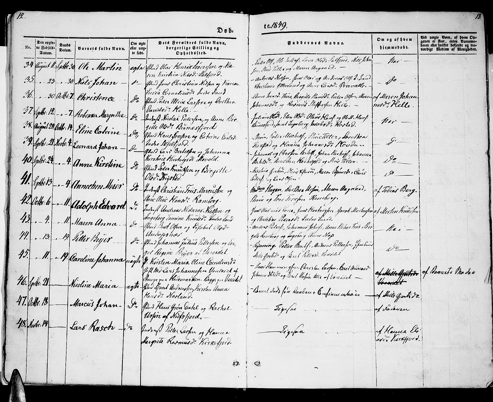 Ministerialprotokoller, klokkerbøker og fødselsregistre - Nordland, AV/SAT-A-1459/885/L1212: Parish register (copy) no. 885C01, 1847-1873, p. 12-13