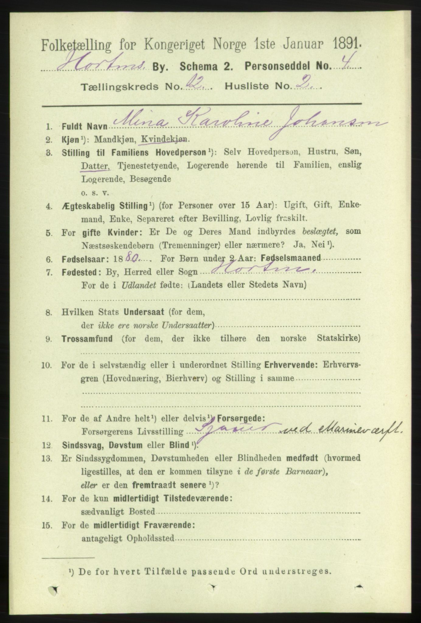 RA, 1891 census for 0703 Horten, 1891, p. 7405