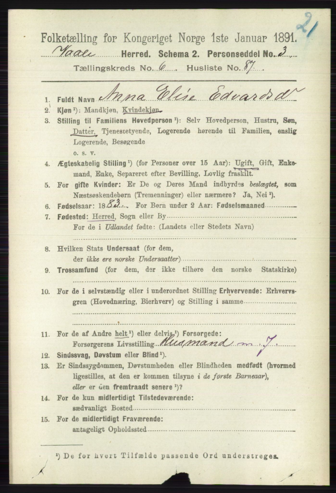 RA, 1891 census for 0716 Våle, 1891, p. 2299