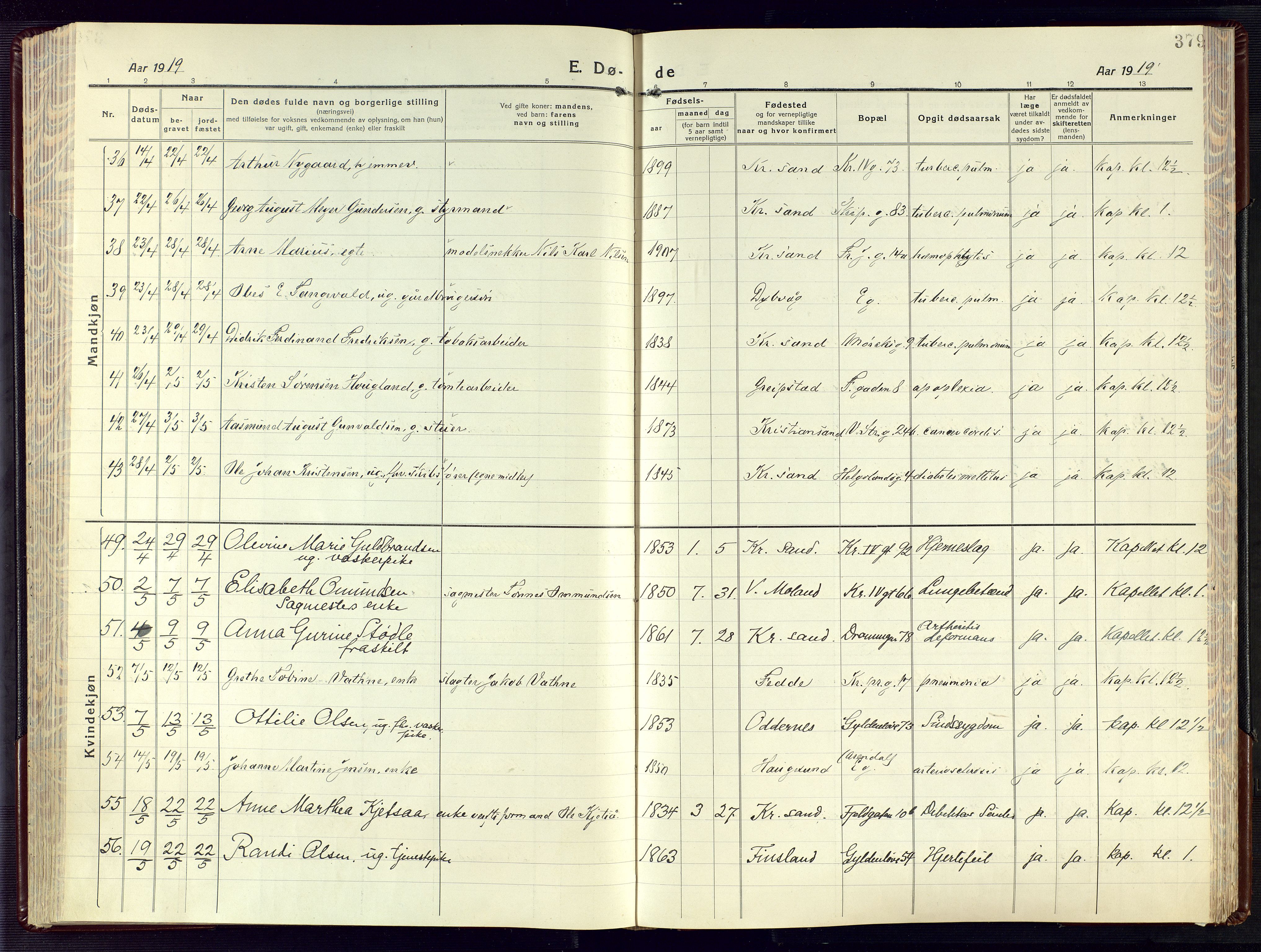 Kristiansand domprosti, SAK/1112-0006/F/Fa/L0028: Parish register (official) no. A 27, 1917-1926, p. 379