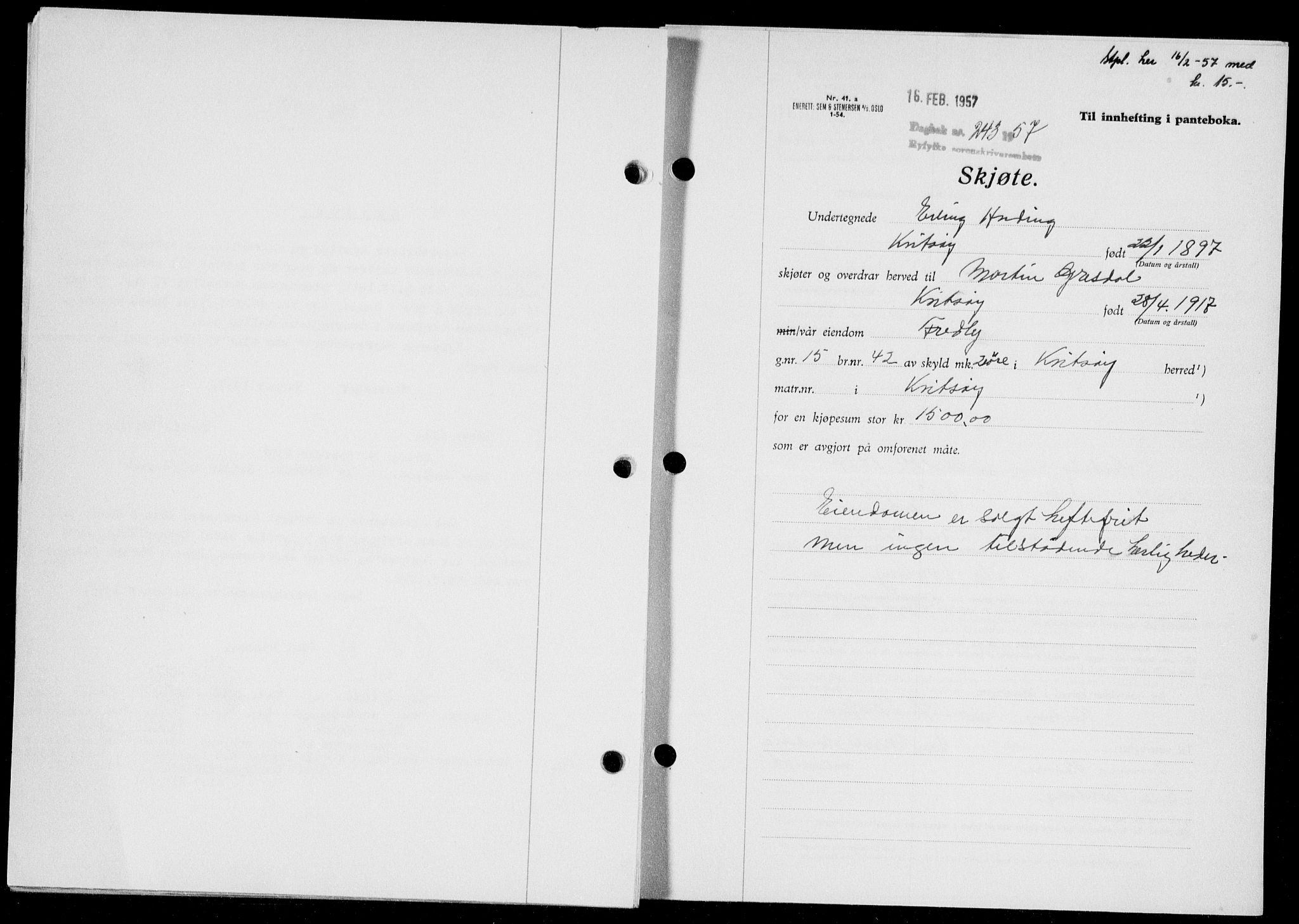 Ryfylke tingrett, AV/SAST-A-100055/001/II/IIB/L0135: Mortgage book no. 114, 1956-1957, Diary no: : 243/1957