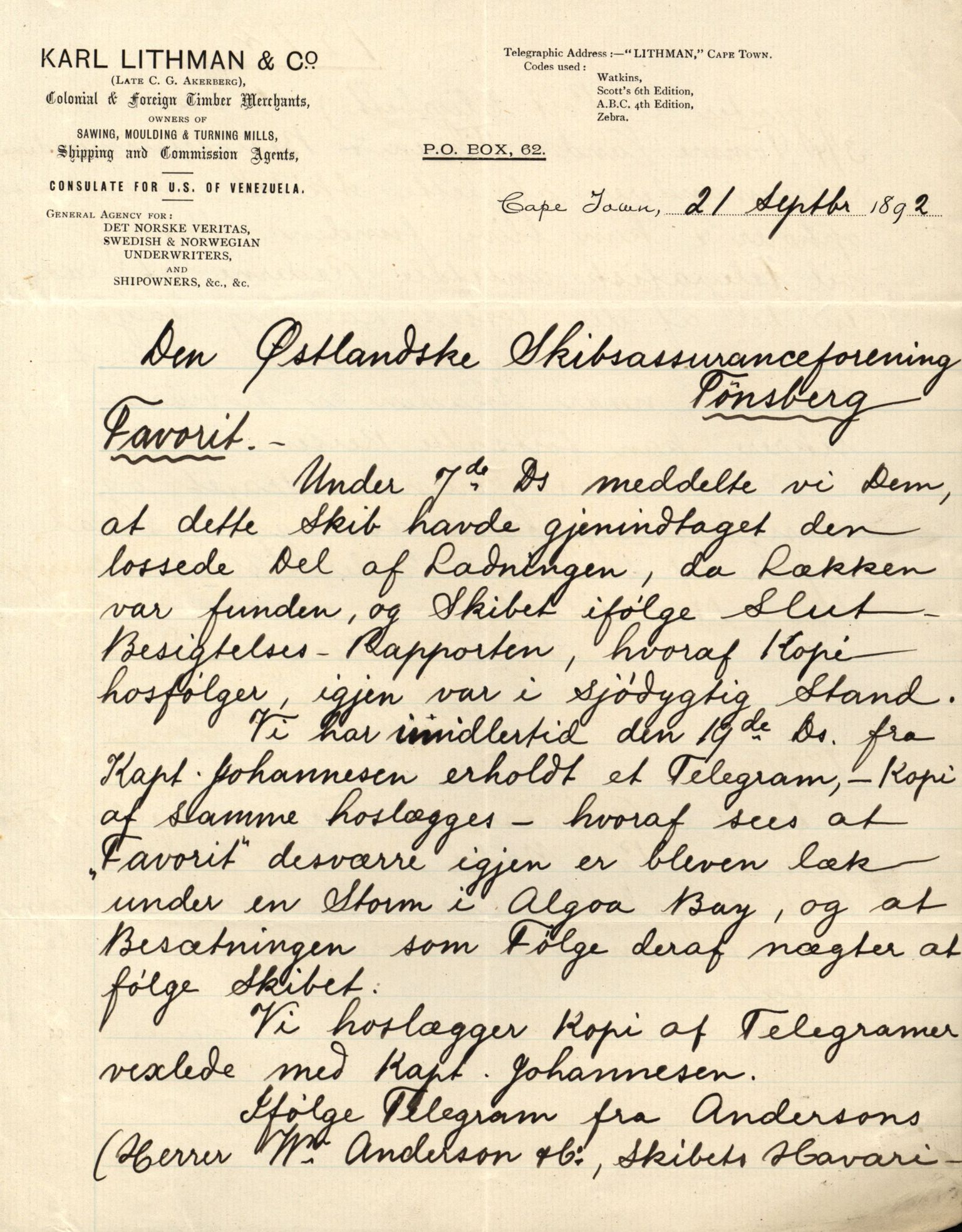 Pa 63 - Østlandske skibsassuranceforening, VEMU/A-1079/G/Ga/L0028/0002: Havaridokumenter / Marie, Favorit, Tabor, Sylphiden, Berthel, America, 1892, p. 30