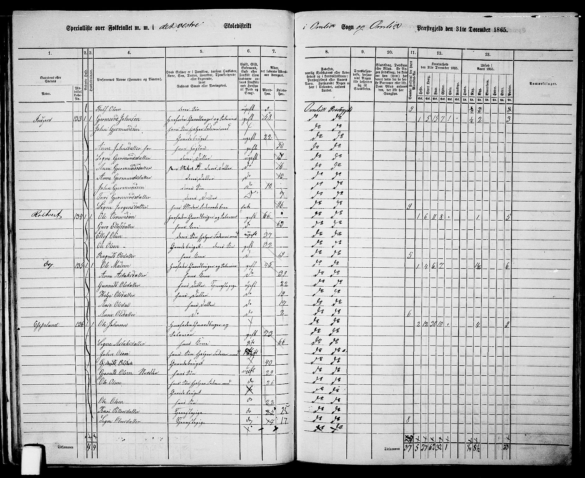 RA, 1865 census for Åmli, 1865, p. 43