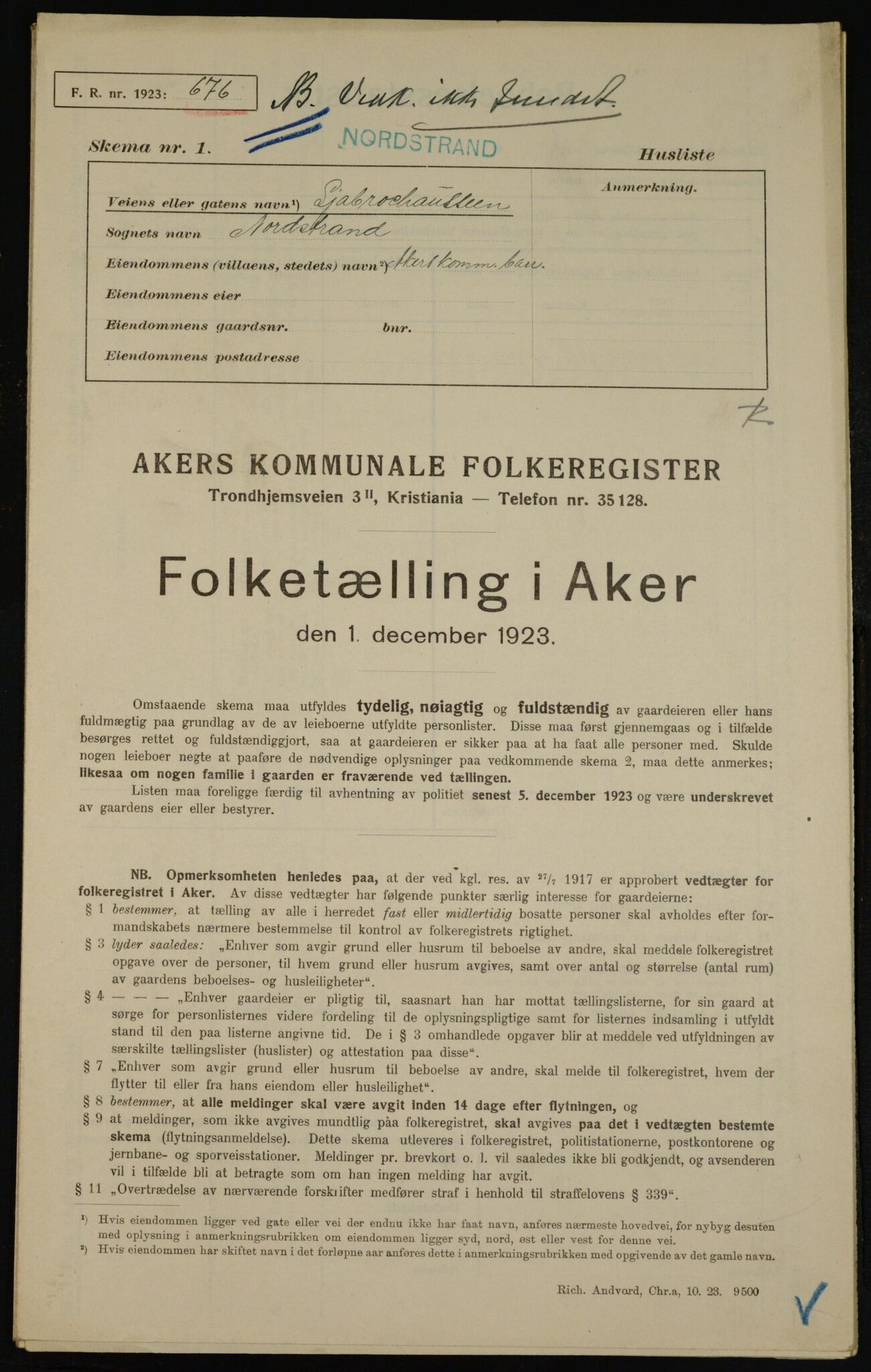 , Municipal Census 1923 for Aker, 1923, p. 40768