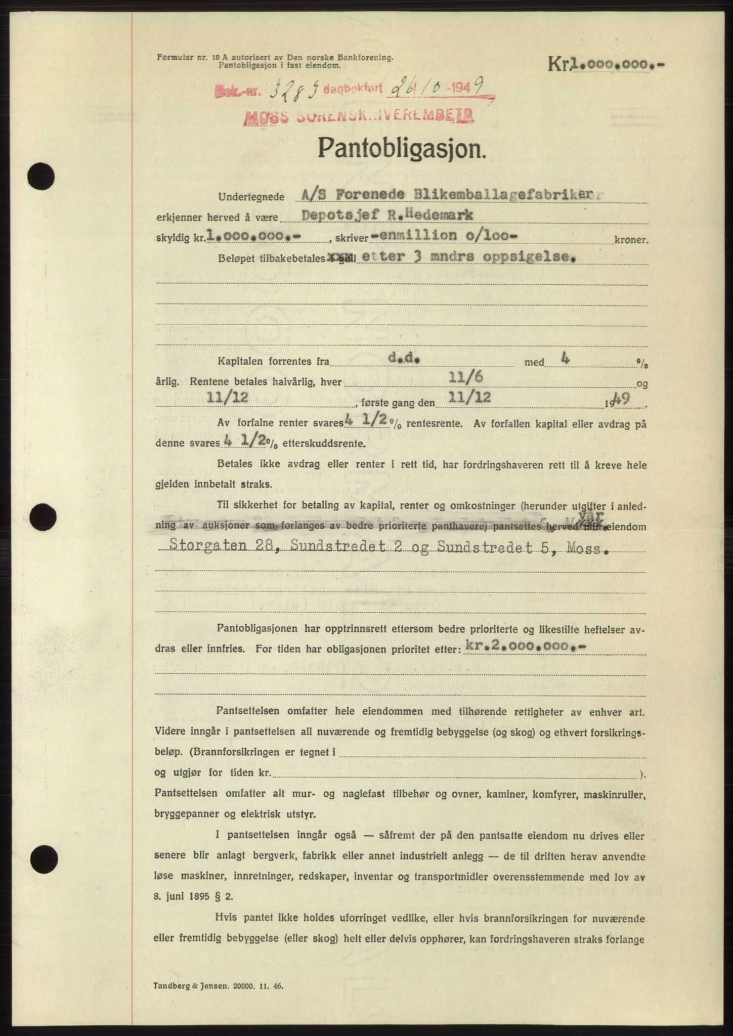 Moss sorenskriveri, SAO/A-10168: Mortgage book no. B23, 1949-1950, Diary no: : 3283/1949