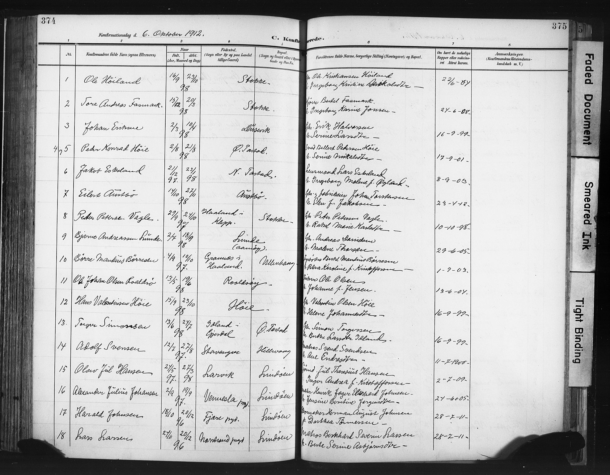 Hetland sokneprestkontor, SAST/A-101826/30/30BA/L0013: Parish register (official) no. A 13, 1904-1918, p. 374-375