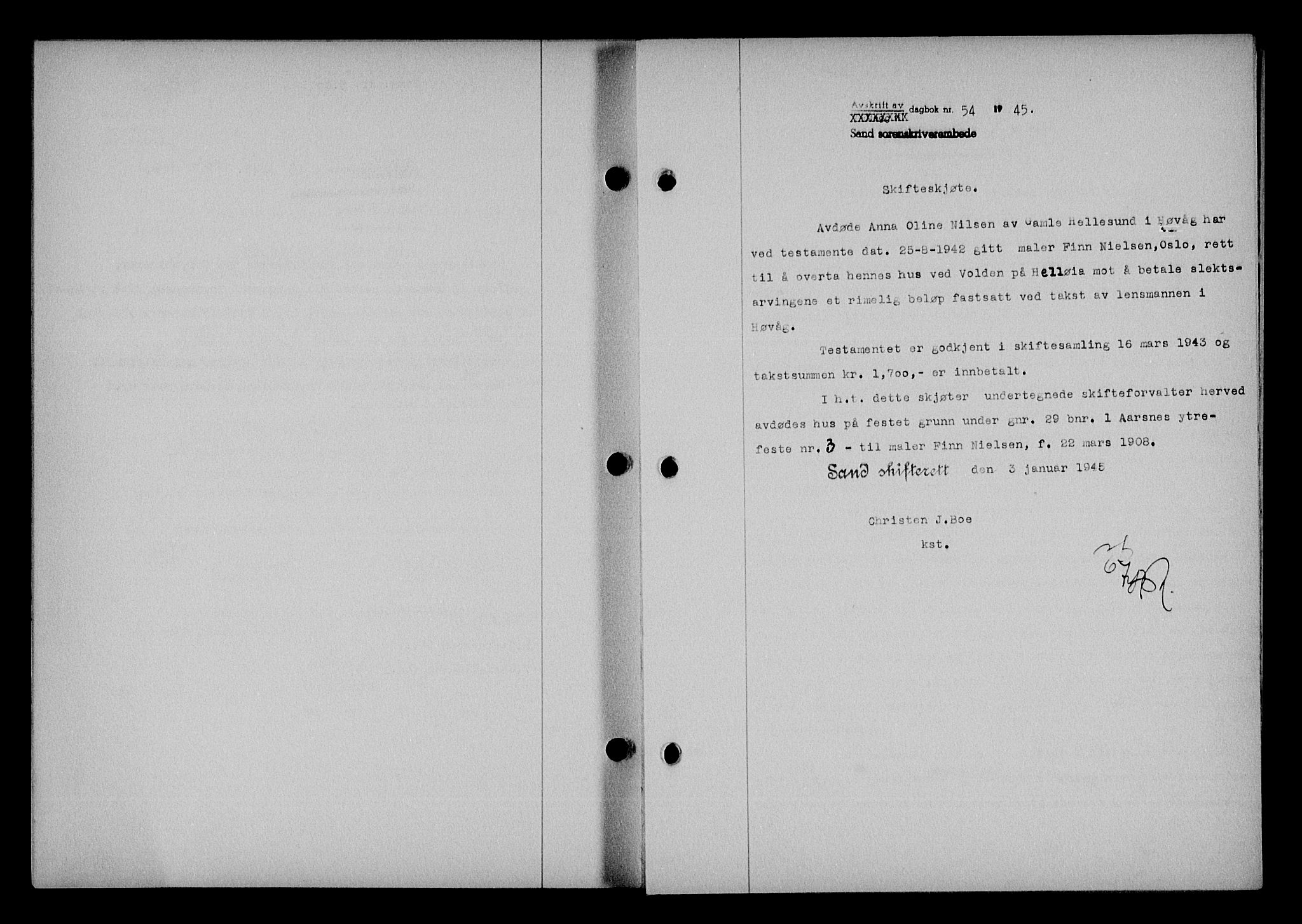 Vestre Nedenes/Sand sorenskriveri, SAK/1221-0010/G/Gb/Gba/L0053: Mortgage book no. A 6, 1944-1945, Diary no: : 54/1945