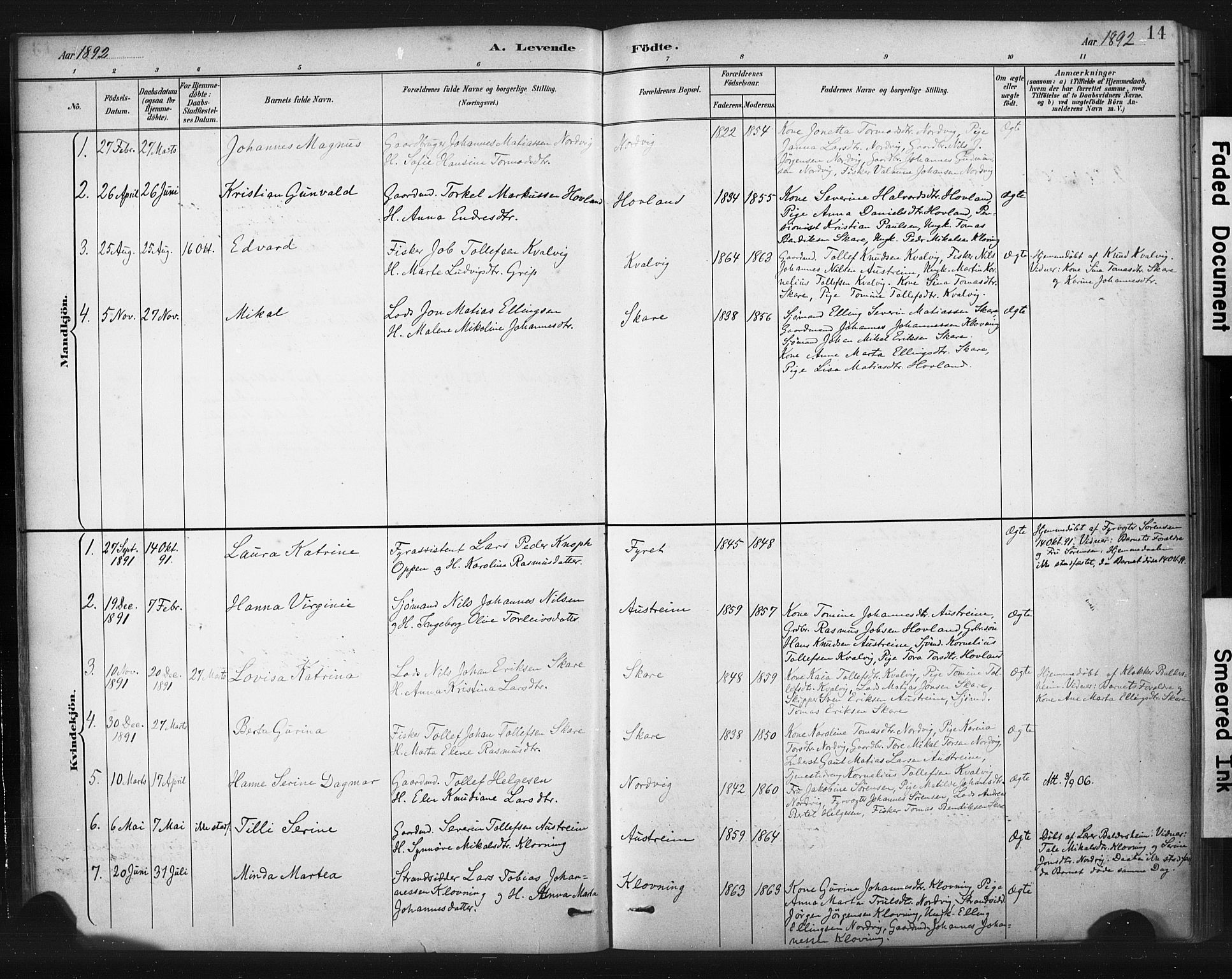 Torvastad sokneprestkontor, AV/SAST-A -101857/H/Ha/Haa/L0016: Parish register (official) no. A 15, 1883-1903, p. 14