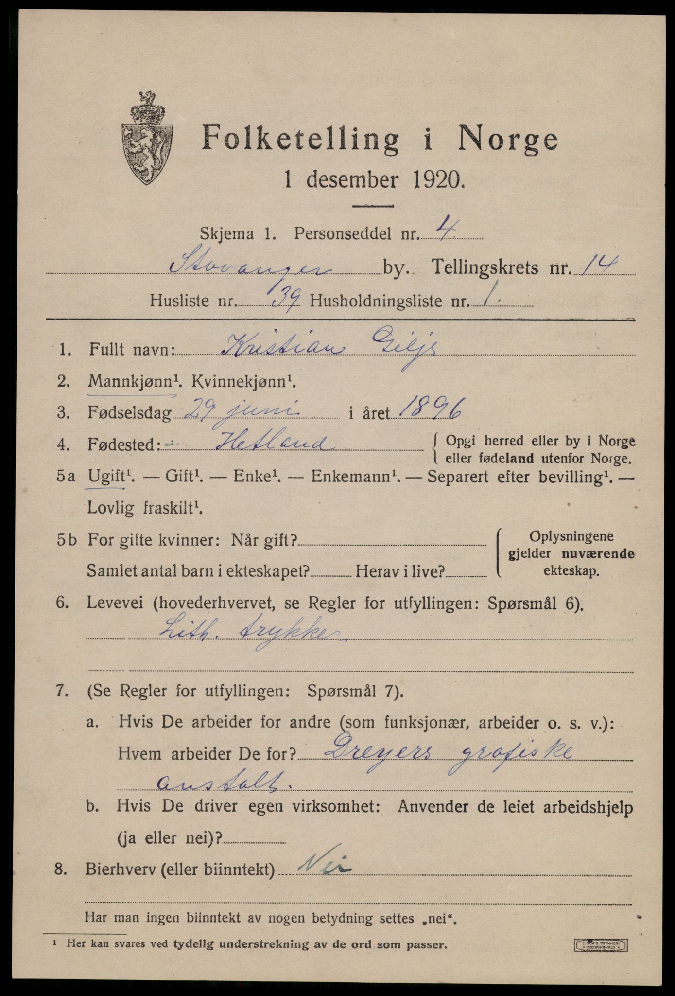 SAST, 1920 census for Stavanger, 1920, p. 60318