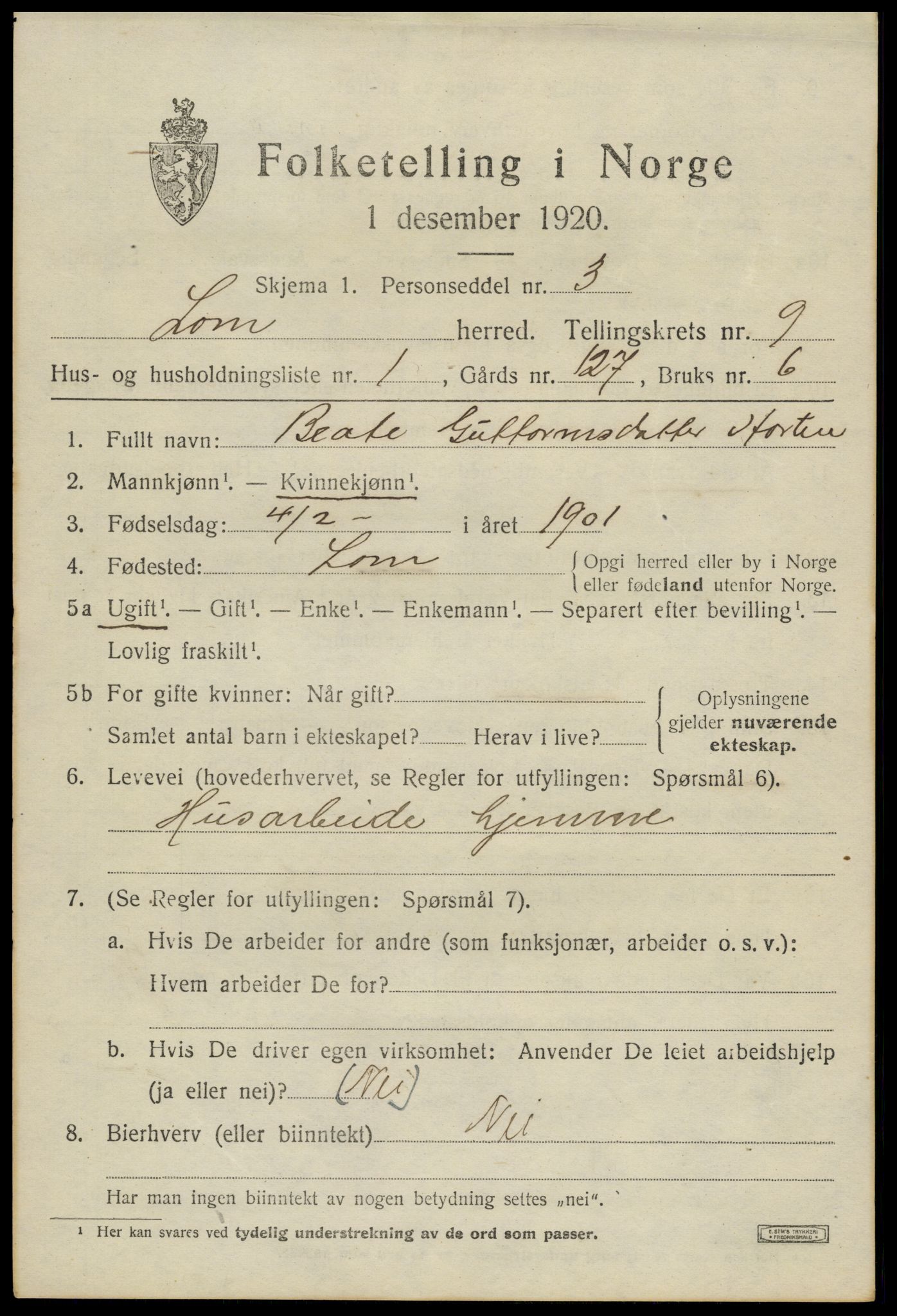 SAH, 1920 census for Lom, 1920, p. 5080