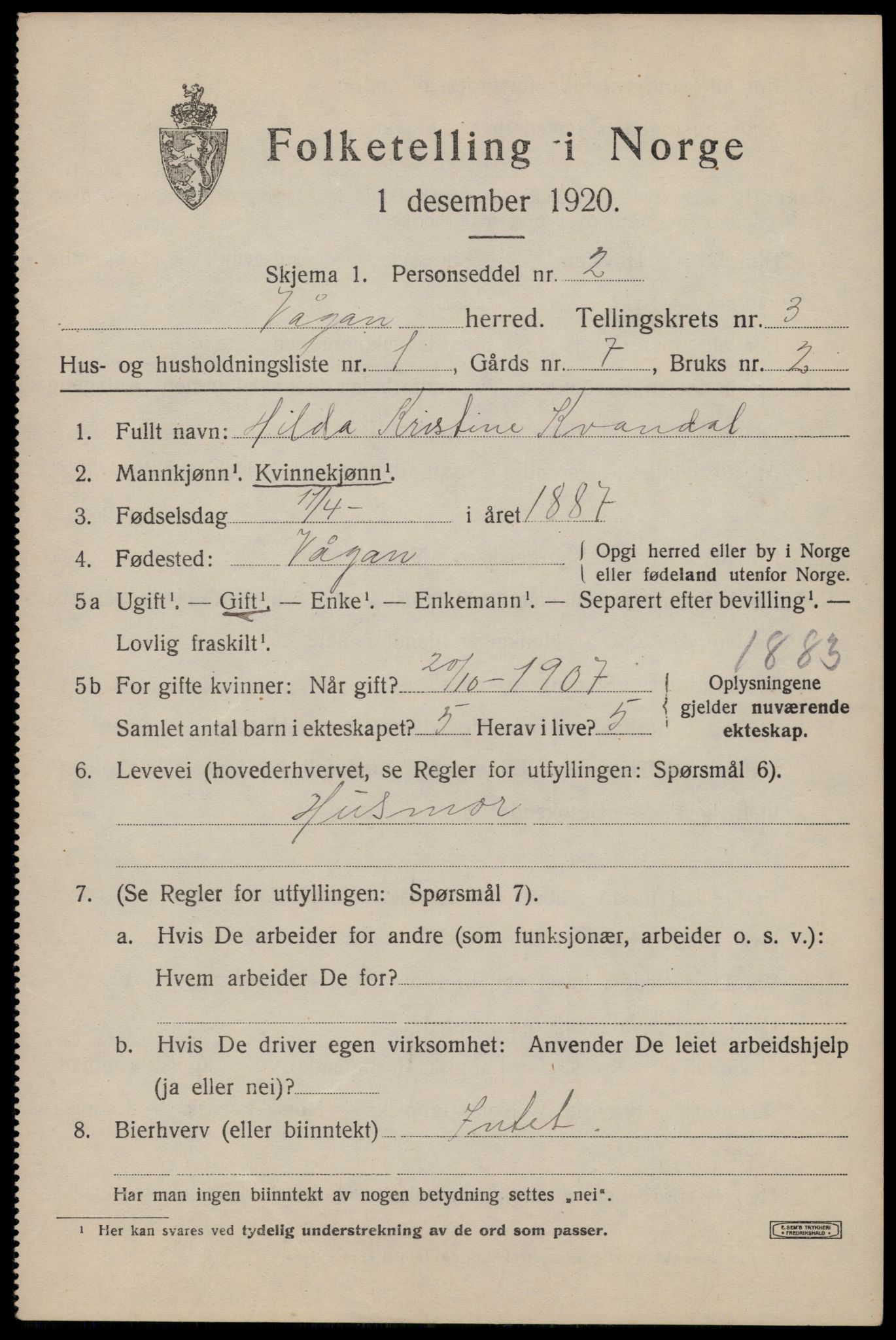 SAT, 1920 census for Vågan, 1920, p. 2569