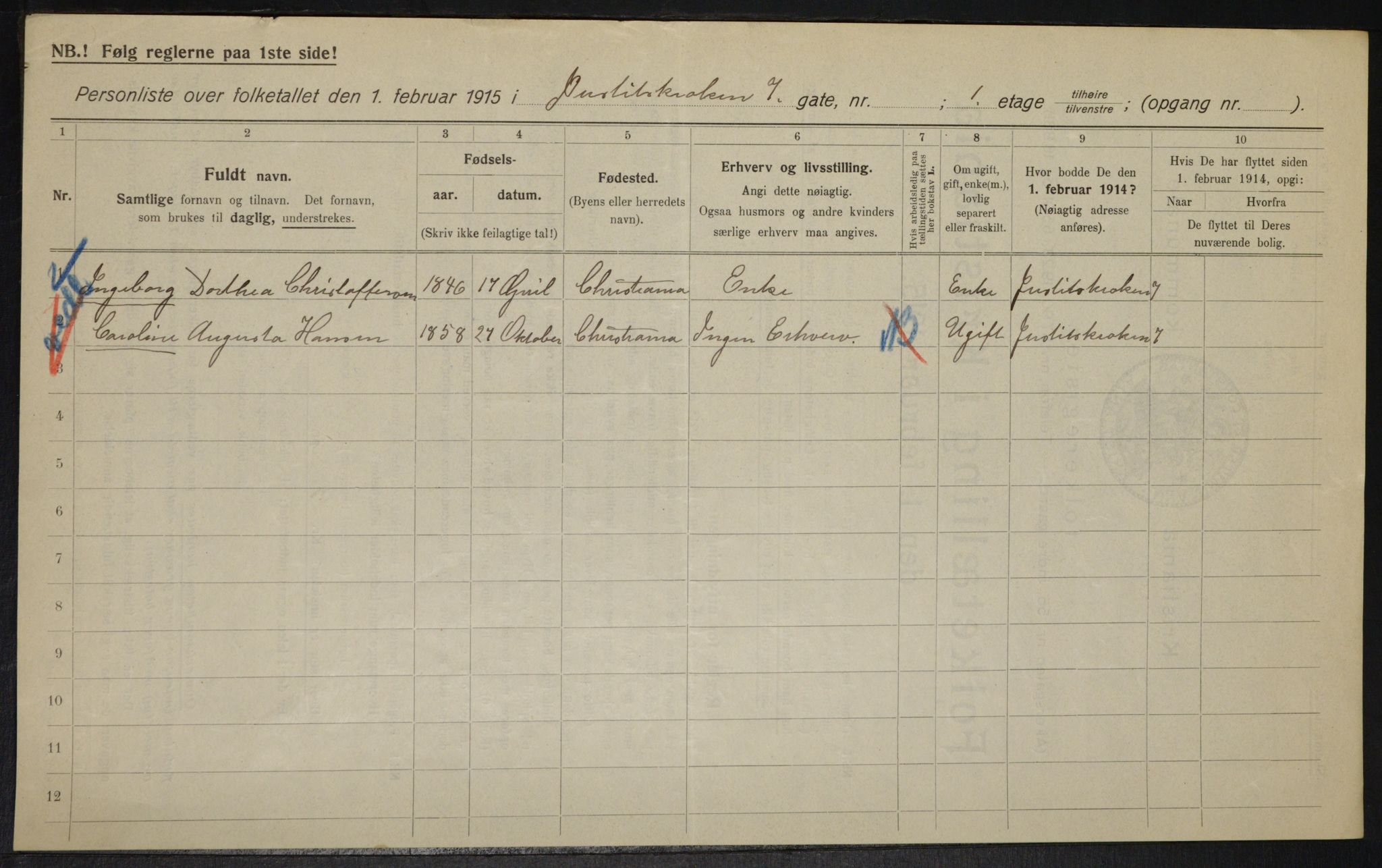 OBA, Municipal Census 1915 for Kristiania, 1915, p. 47215