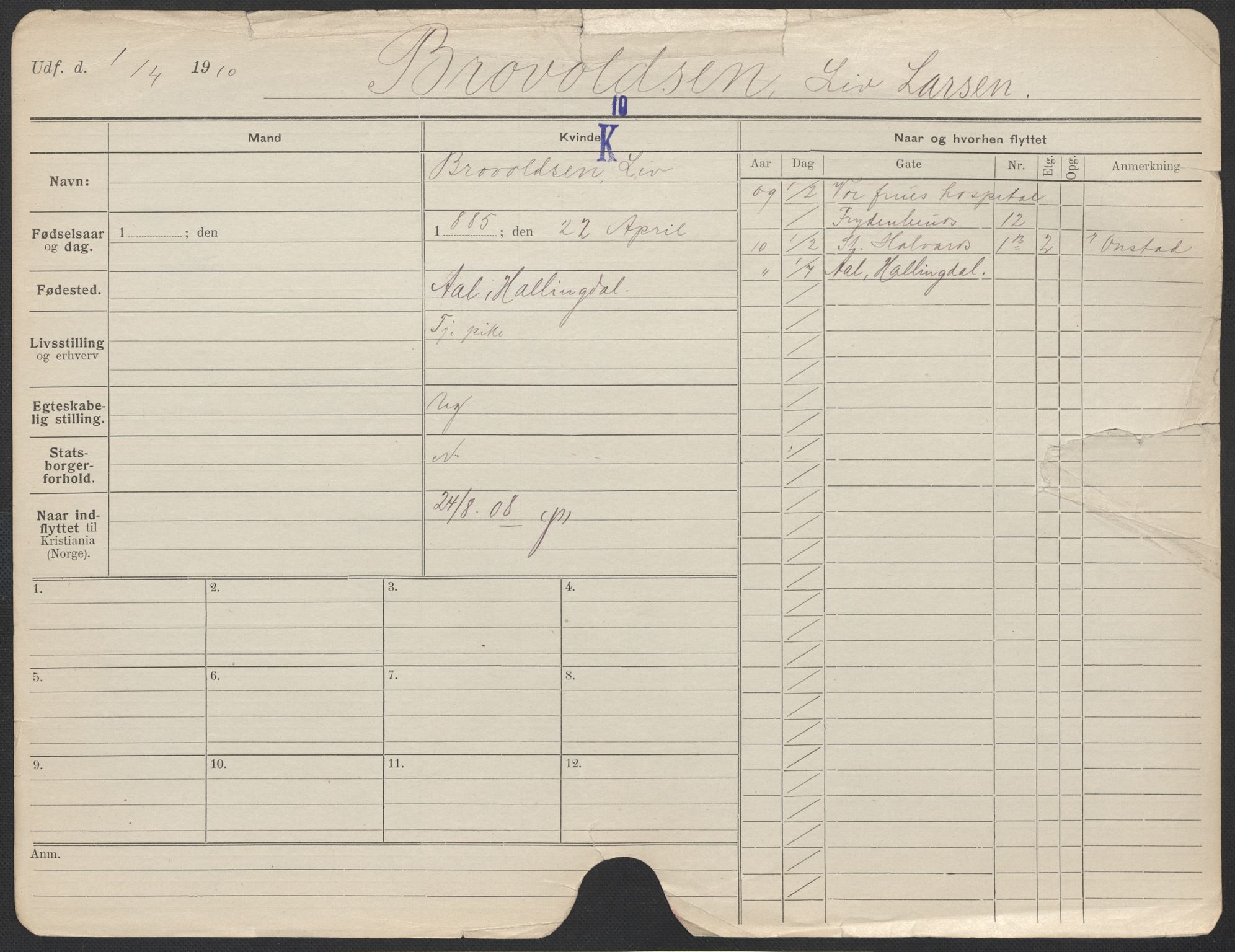 Oslo folkeregister, Registerkort, AV/SAO-A-11715/F/Fa/Fac/L0013: Kvinner, 1906-1914, p. 871a