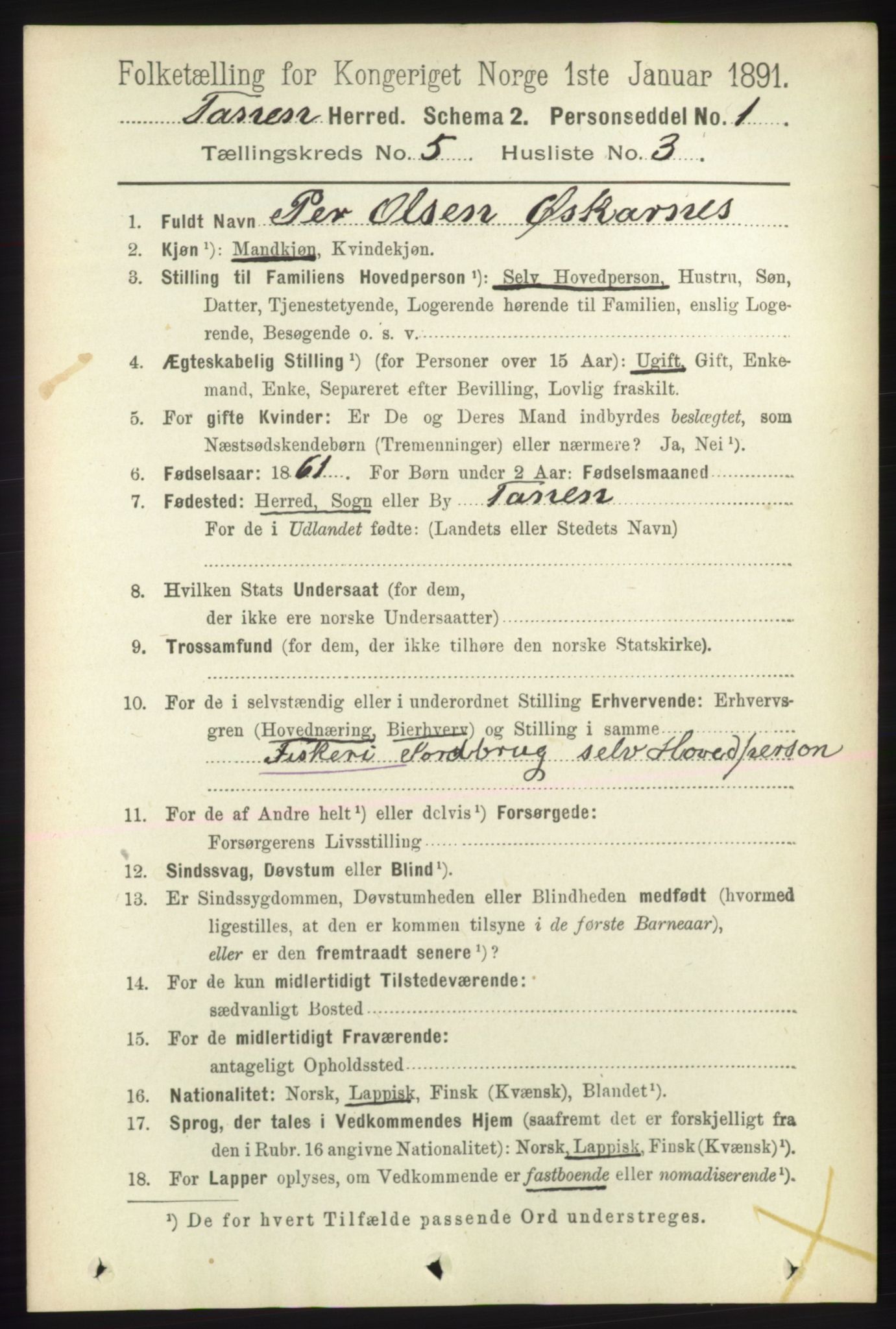 RA, 1891 census for 2025 Tana, 1891, p. 2007