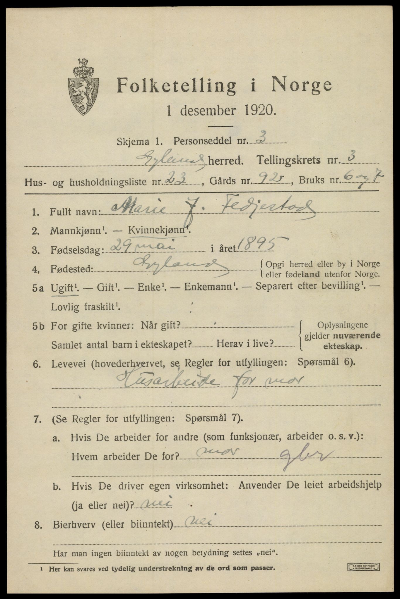 SAK, 1920 census for Gyland, 1920, p. 1030