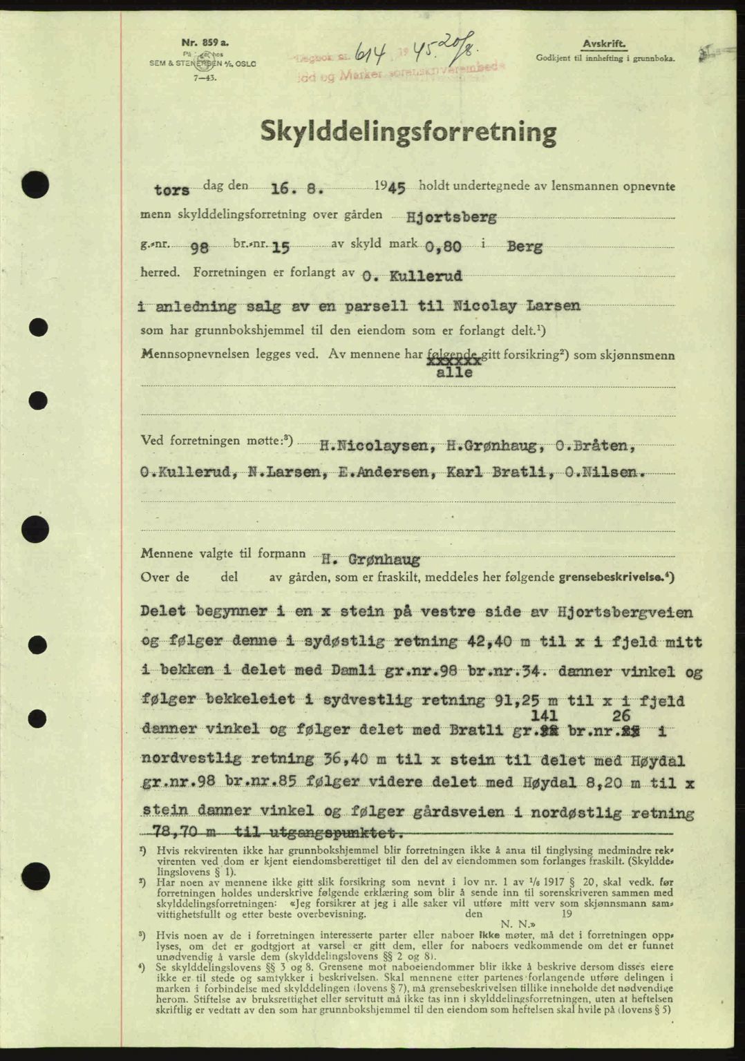 Idd og Marker sorenskriveri, AV/SAO-A-10283/G/Gb/Gbb/L0007: Mortgage book no. A7, 1944-1945, Diary no: : 614/1945