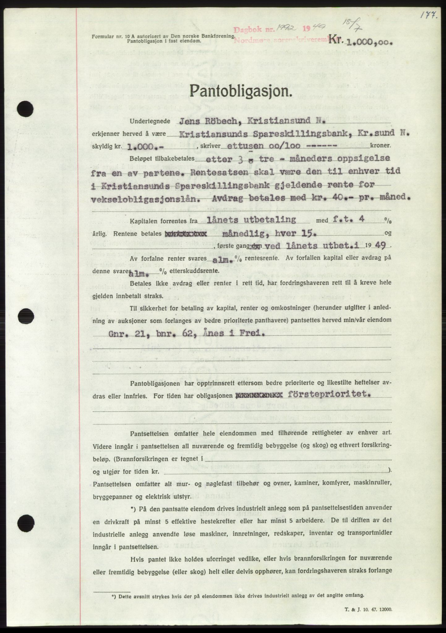 Nordmøre sorenskriveri, AV/SAT-A-4132/1/2/2Ca: Mortgage book no. B102, 1949-1949, Diary no: : 1992/1949